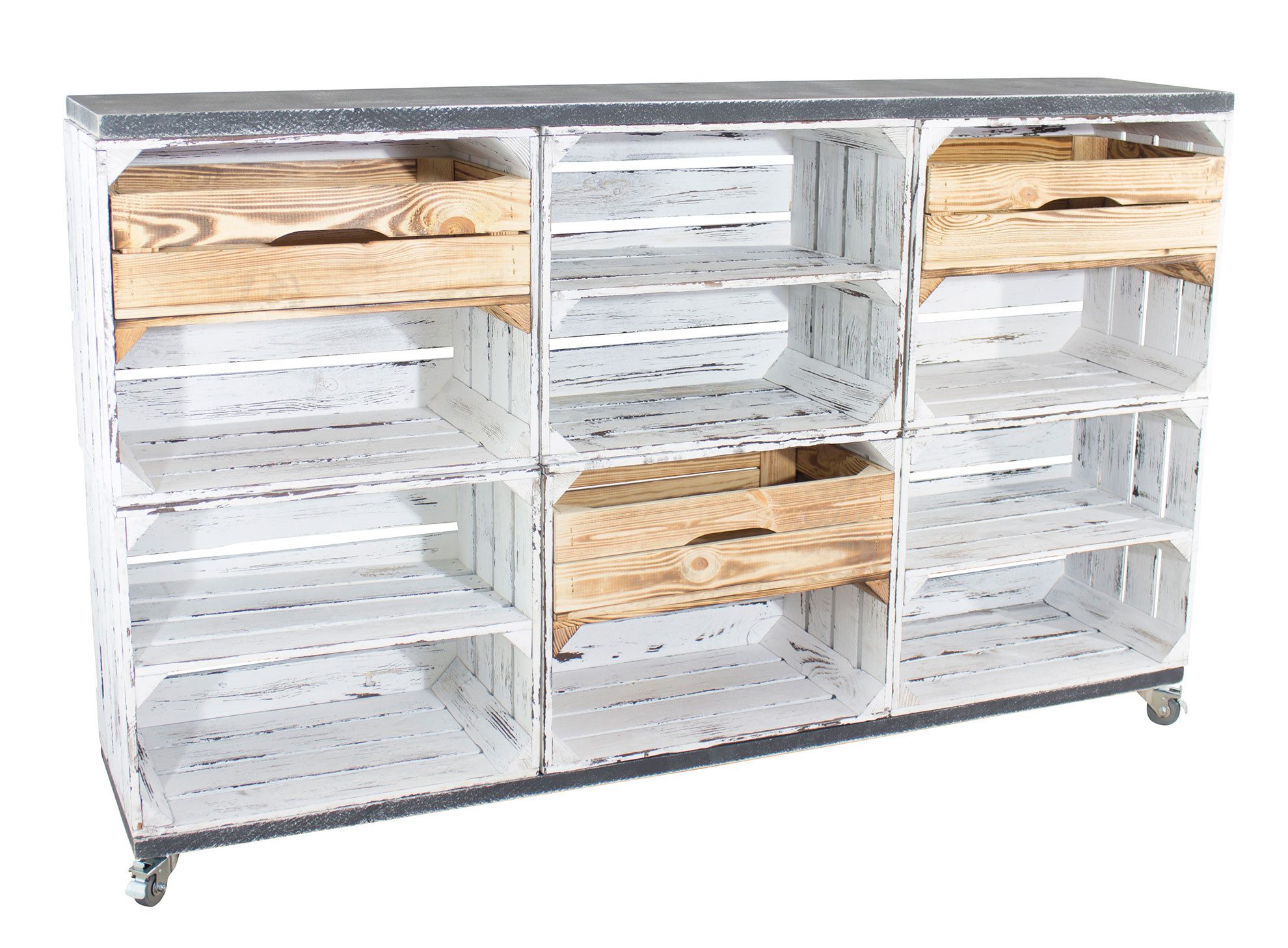 Kistenkolli Altes Land Allzweckkiste 6 shabby weißen mit 3 geflammten 2 Rollen, 150x93x30 (Spar-Set, 1er Set)