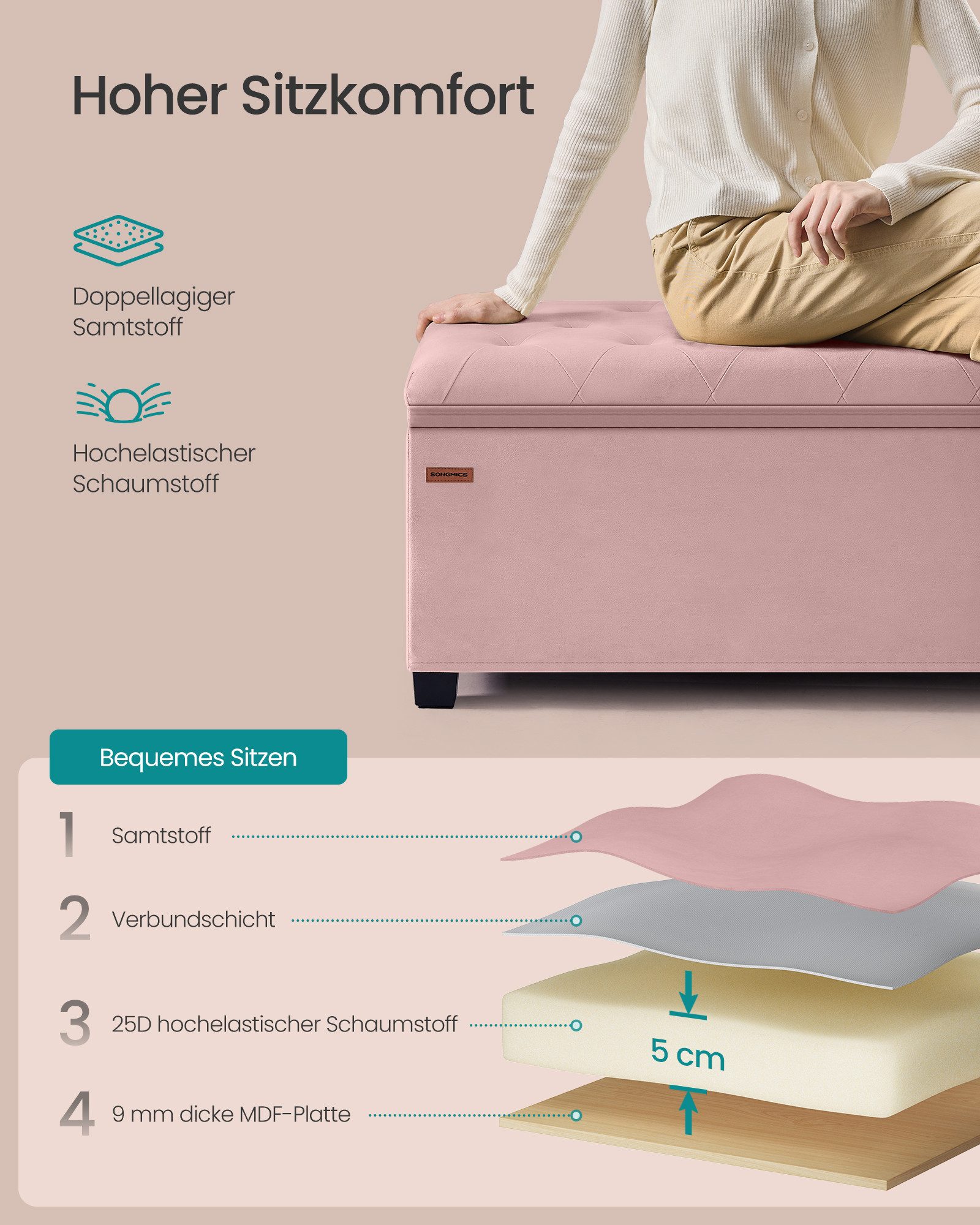 SONGMICS Sitzbank, Sitzhocker mit Stauraum, Sitzbank mit Beinen, Fußbank