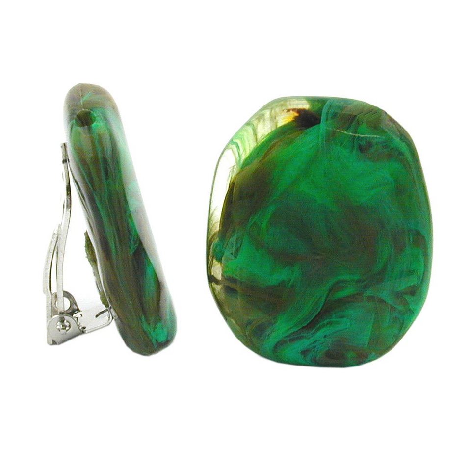unbespielt Paar Ohrclips Modeschmuck Ohrringe grün braun marmoriert  Kunststoff 28 x 23 mm, Modeschmuck für Damen