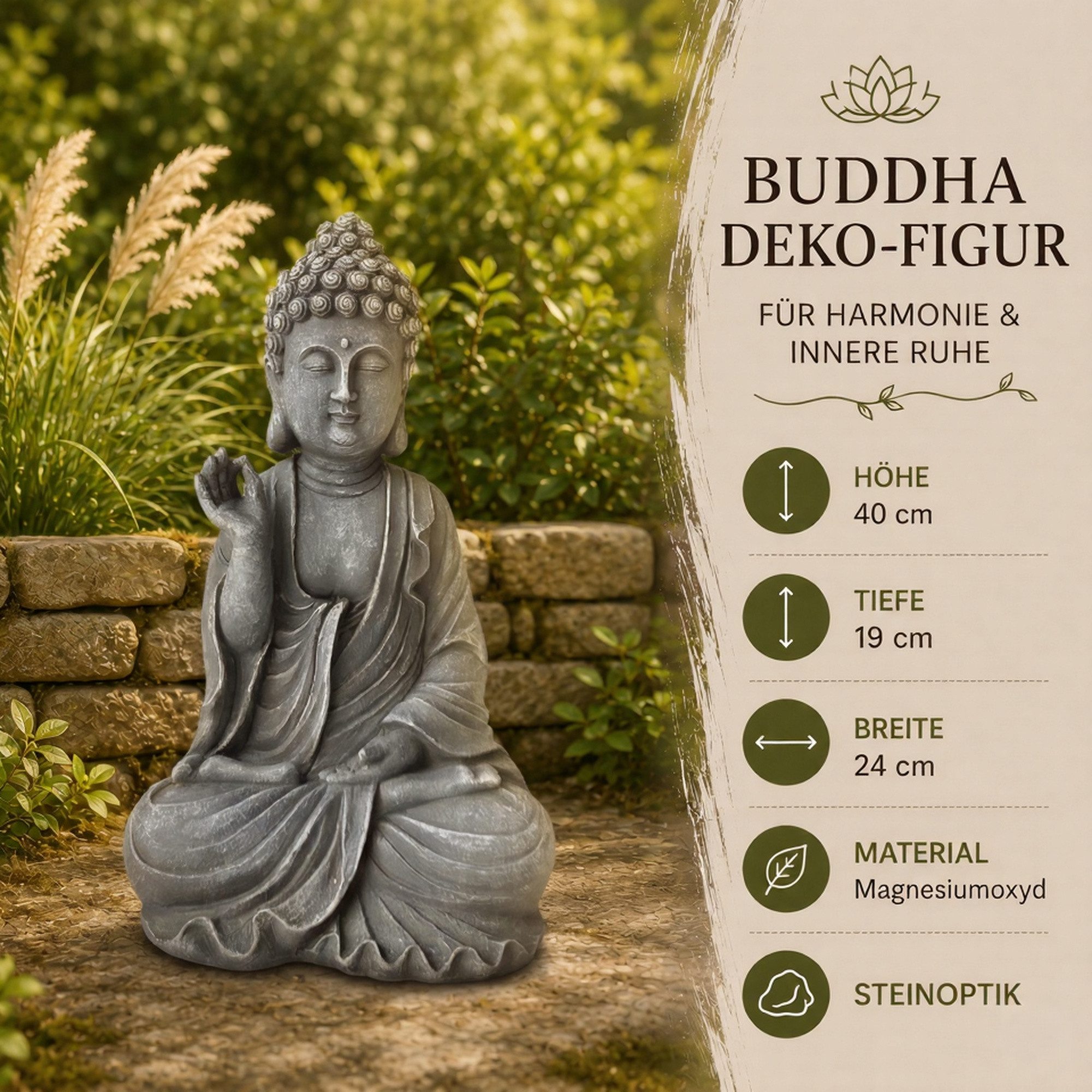 INtrenDU Buddhafigur Gartenfigur 40 cm steingrau – wetterfest, Wetterfeste Gartenfigur in Steinoptik
