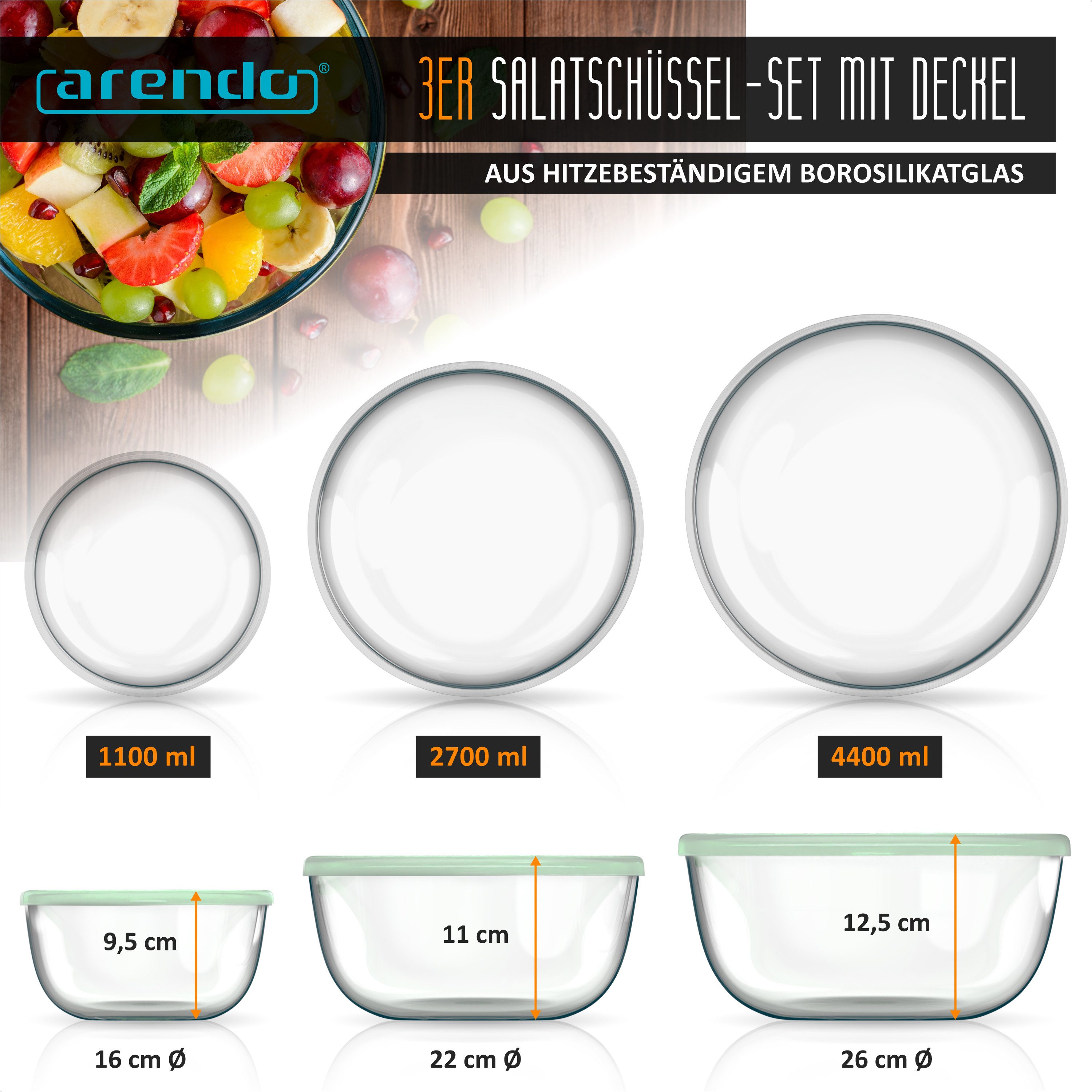 Arendo Salatschüssel 3er Set mit Deckel, Glasschüssel 1,1L / 2,7L / 4,4L, Glas Rührschüssel, Glas, (Set, 3-tlg), Glasschale, BPA-frei, Spülmaschinen- und mikrowellengeeignet