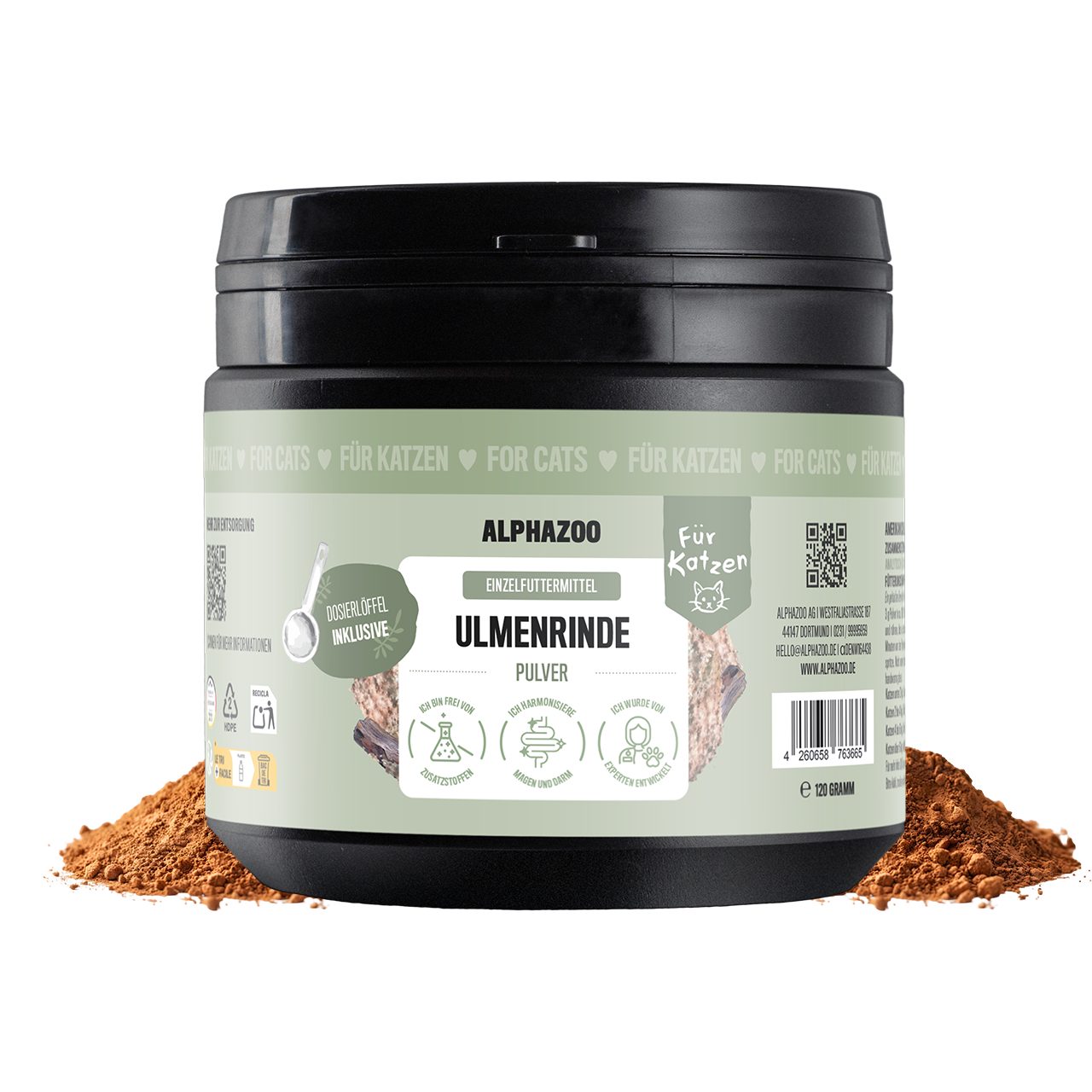 ALPHAZOO Ulmenrinde Pulver 120g für Katzen Schonende Verdauung und Magen-Darm Unterstützung, Ergänzungsfutter für: Katzen, Slippery Elm für Magen und Darm