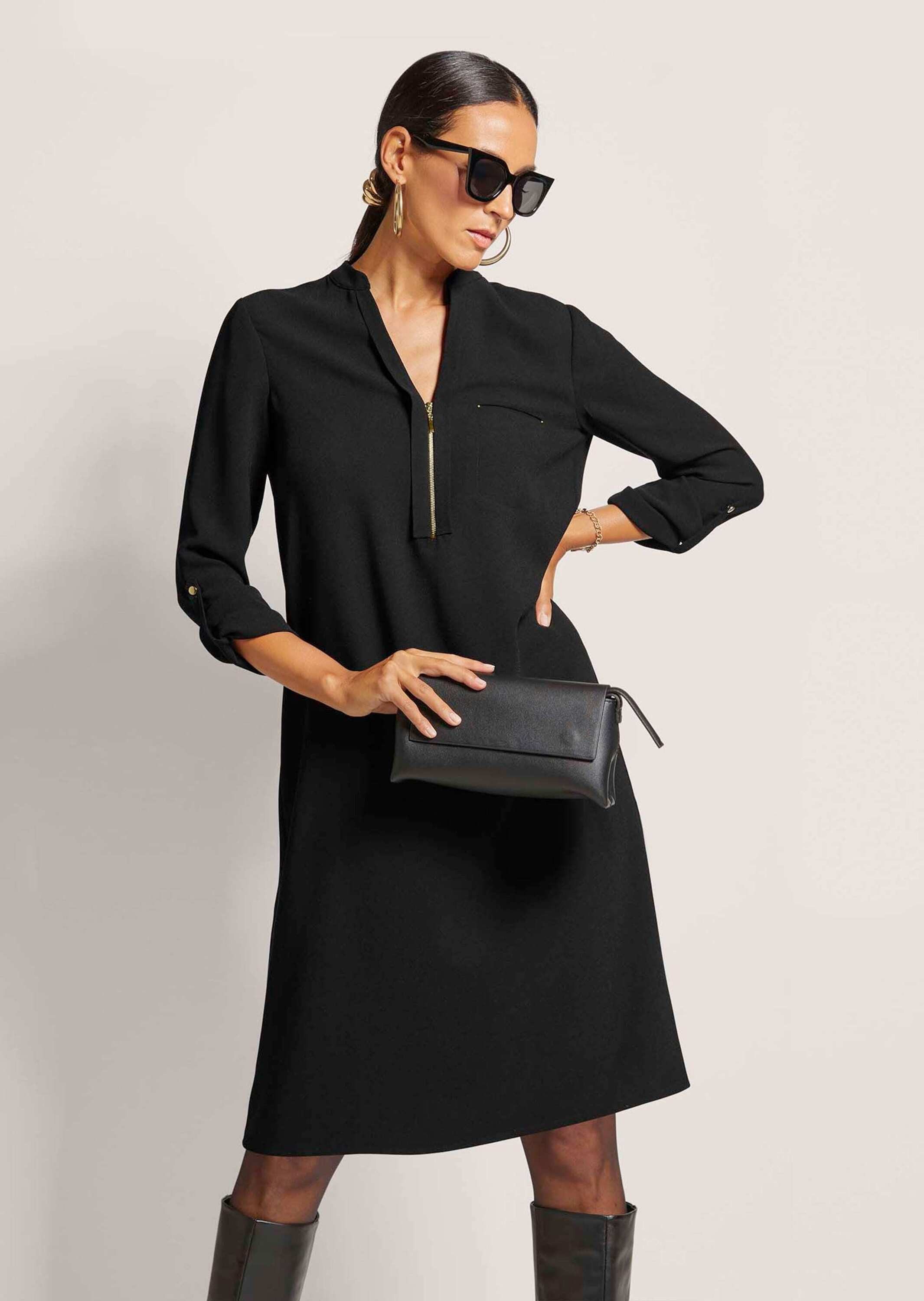 MADELEINE Maxikleid Shirtkleid mit Rundhals mit V-Schlitz Blusenkleid mit integrierten Taschen und krempelbaren langen Ärmeln