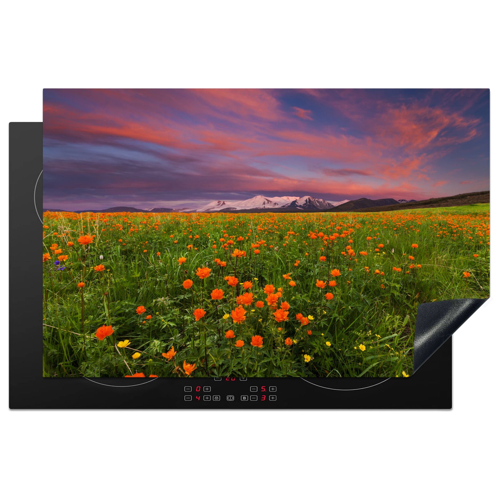 MuchoWow Herdblende-/Abdeckplatte Blumenwiese - Rosa - Berge, Vinyl, (1 tlg), 81x52 cm, Induktionskochfeld Schutz für die küche, Ceranfeldabdeckung