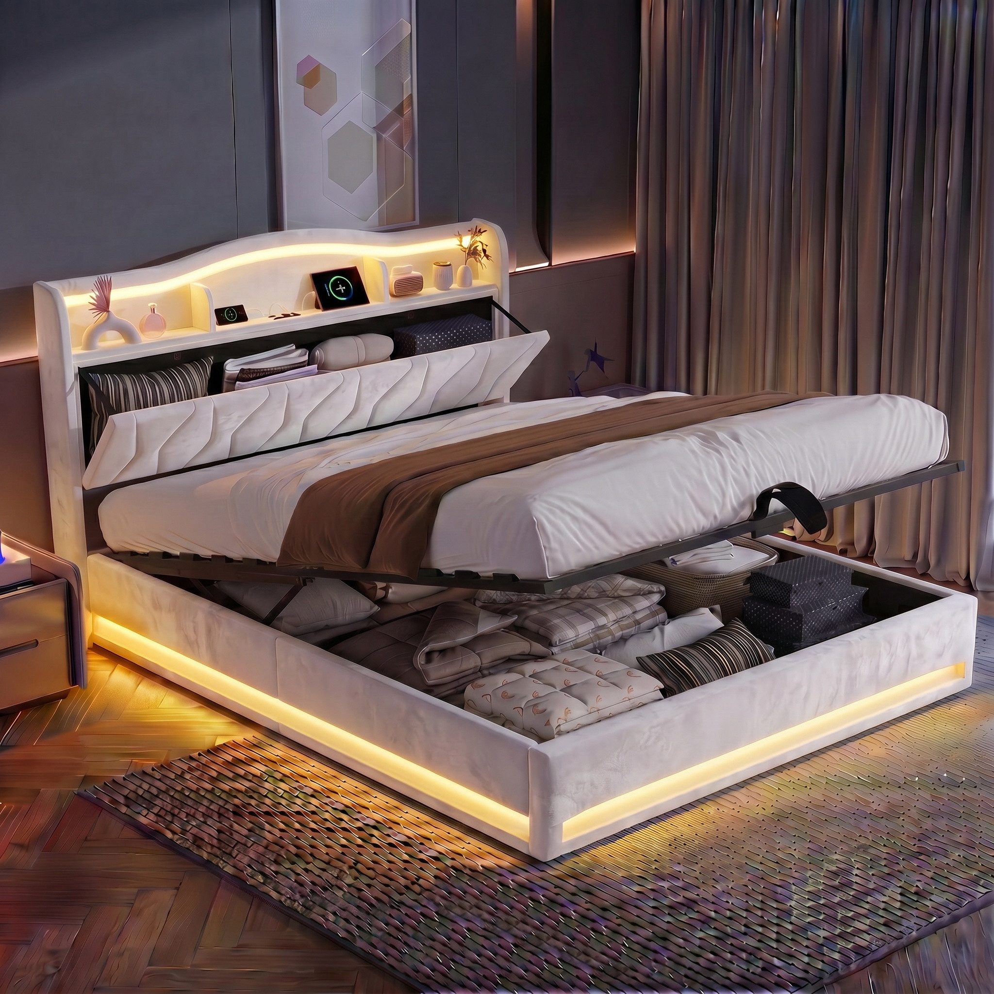 Furnishings Home Polsterbett Stauraumbett LED Doppelbett (1-tlg., Inkl. Komforthöhe Lattenrost, Leises Design Bett), Mit Bettkasten, RGB Beleuchtung, Ladefunktion