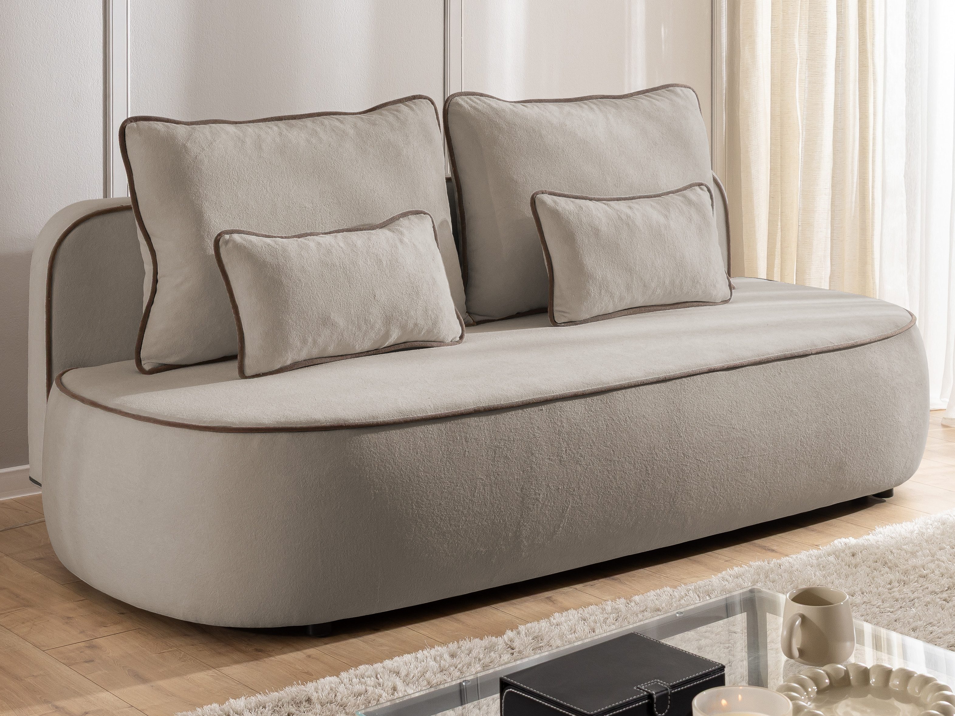 S-Style Möbel Schlafsofa Vero mit Bettkasten und Kontrastpaspel aus Plüschstoff, im modernen und abgerundeten Design