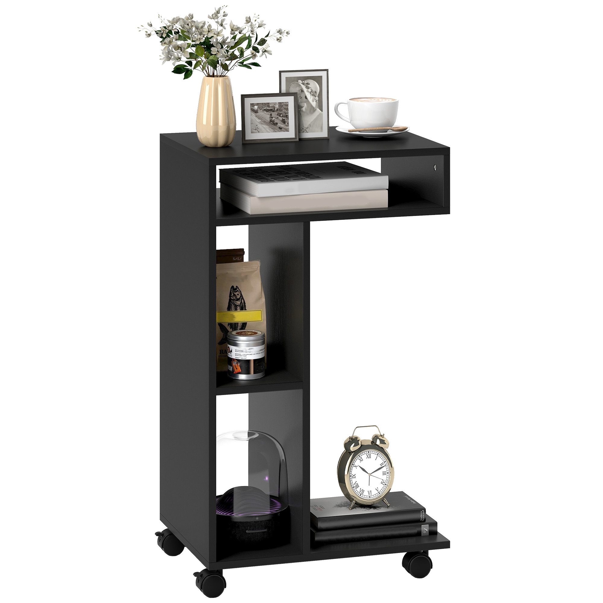 HOMCOM Beistelltisch Nachttisch, Couchtisch mit 4 Regalen, Rollen (C-förmig Wohnzimmertisch, 1-St., Laptoptisch), für Wohnzimmer Schlafzimmer 40 x 30 x 69 cm Schwarz