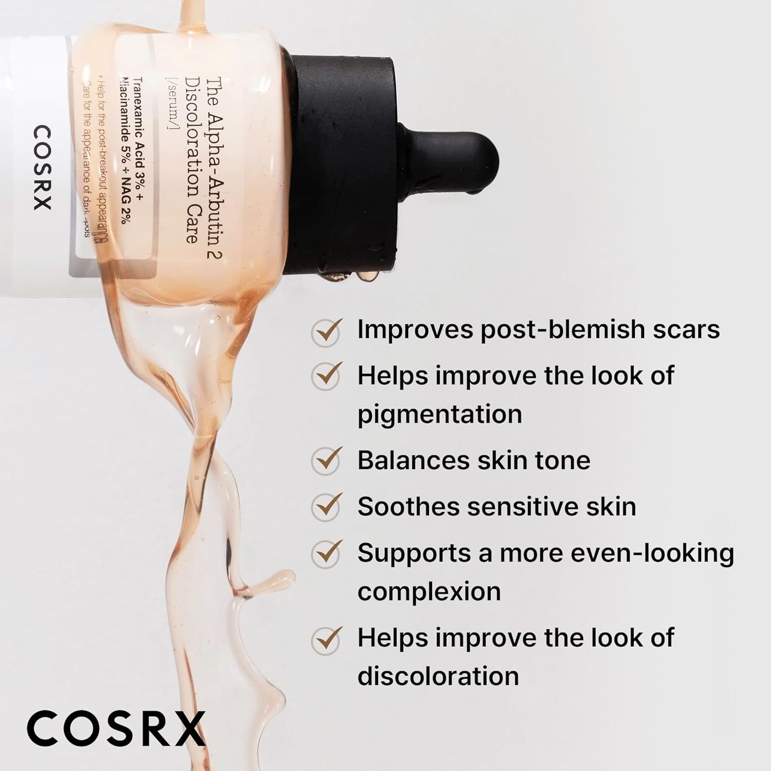 Cosrx Gesichtsserum The Alpha-Arbutin 2 Discoloration Care Serum 50 ml – K-Beauty Gesichtsserum mit 2 % Alpha-Arbutin, 3 % Tranexamsäure & 5 % Niacinamid, mildert Pigmentflecken, verfeinert Teint, leichte Gel-Textur