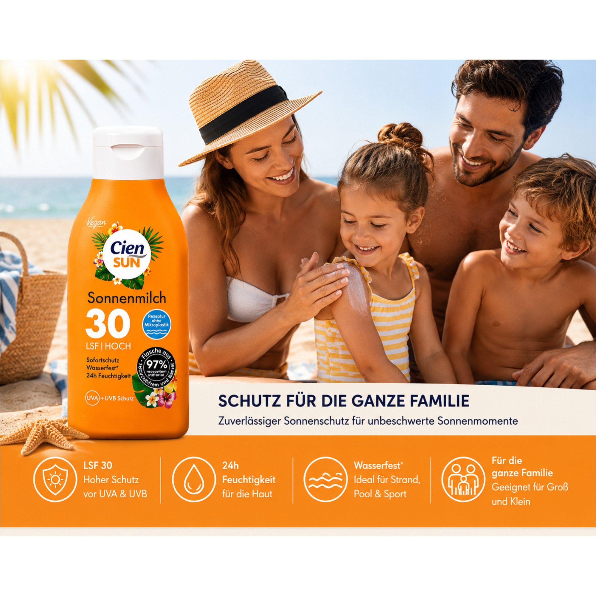 Cien Sonnenschutzmilch Sonnencreme LSF 30 6 × 250 ml Vorratspack, Spar-Set, 6-tlg., 6 × 250 ml mit LSF 30, wasserfest und vegan
