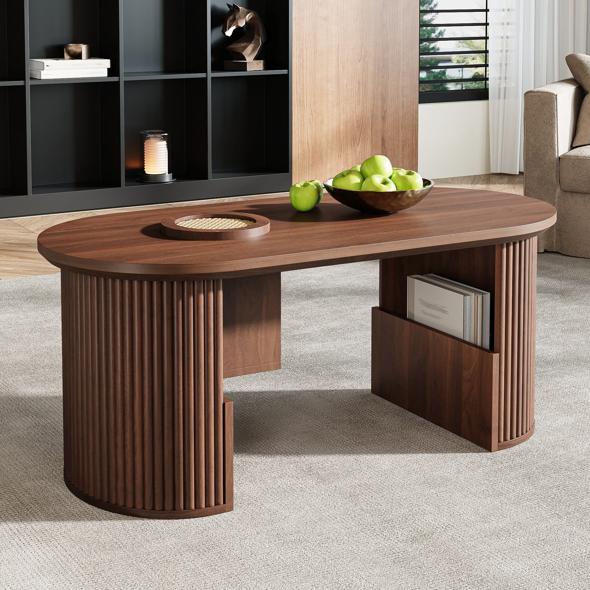 KLAM HOME Couchtisch Anhebbarer Couchtisch Nussbaum mit gebogenen Holzseiten (Mit vertikaler Textur und integrierter Aufbewahrung), Modernes Wohnzimmertisch aus – Bild 5 von 5