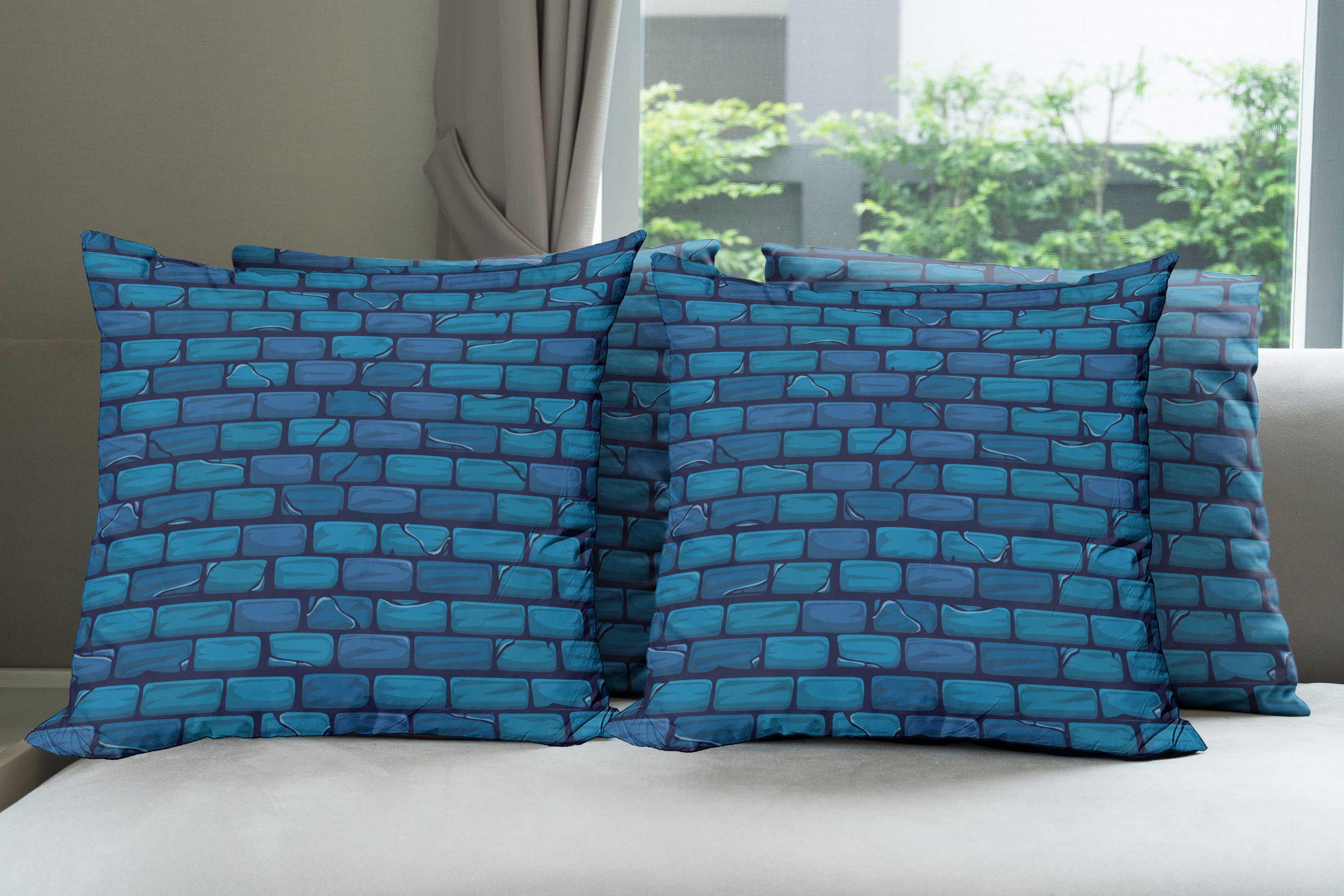 Abakuhaus Accent Blau Steinmauer Doppelseitiger Digitaldruck, Stück), Modern Ziegelwand Farbiger Kissenbezüge (4