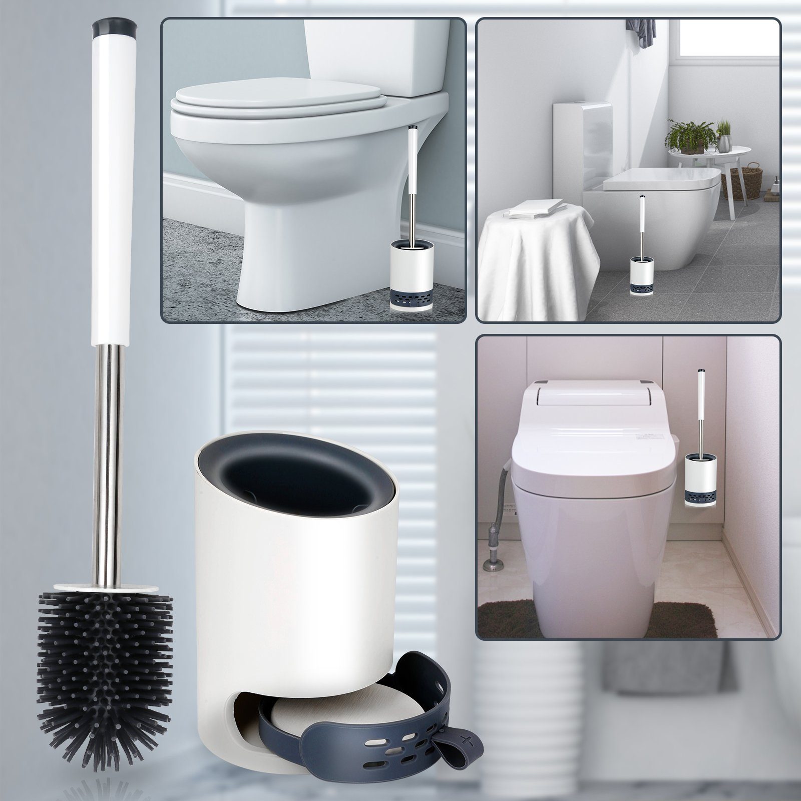 Clanmacy WC-Reinigungsbürste 2x Silikon Steril Bürste antibakterielle in WC Edelstahl 1 Griff Toilettenbürste 2