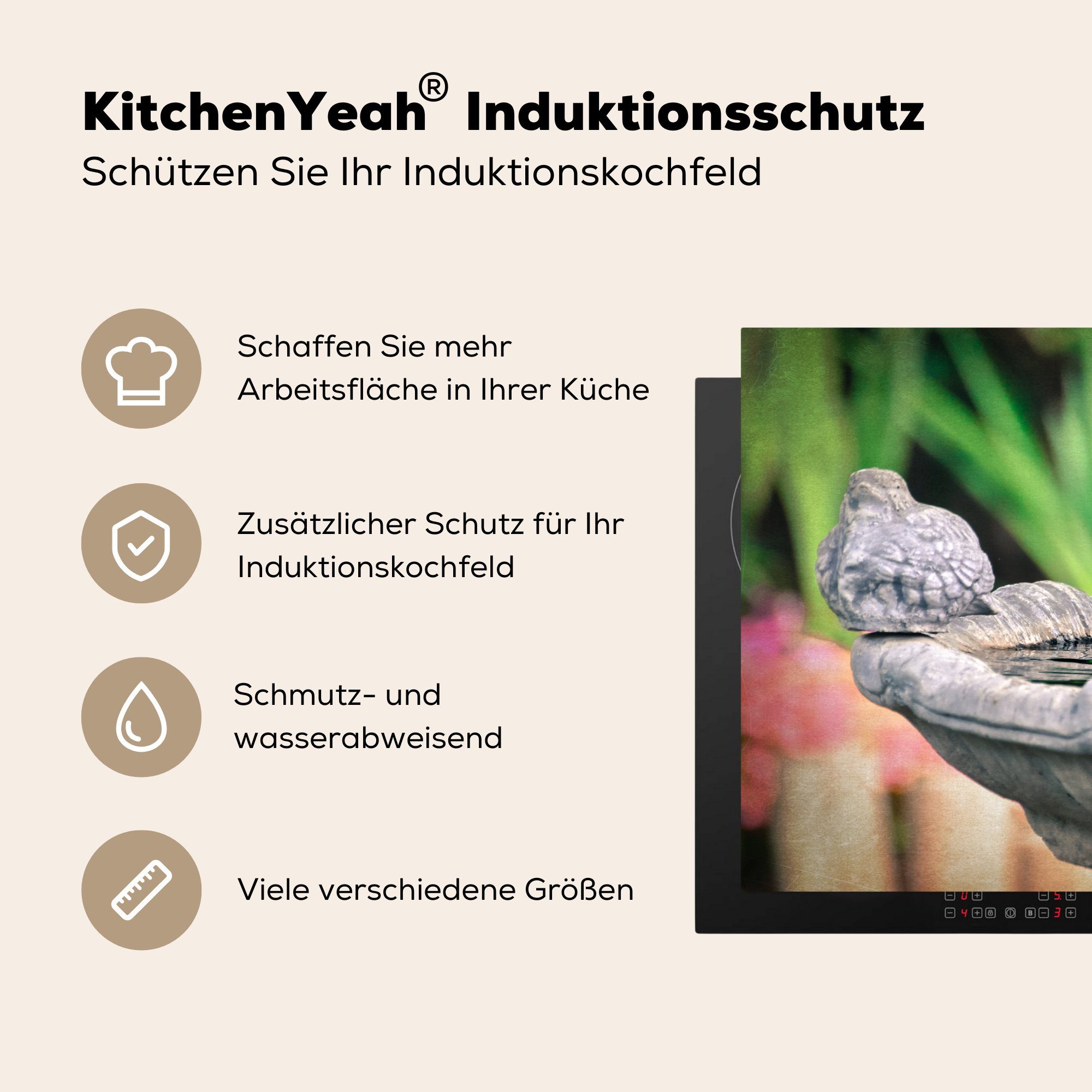 Springbrunnen, Induktionskochfeld - - Vogel 81x52 Wasser Vinyl, MuchoWow Herdblende-/Abdeckplatte tlg), (1 für küche, die cm, Schutz Ceranfeldabdeckung