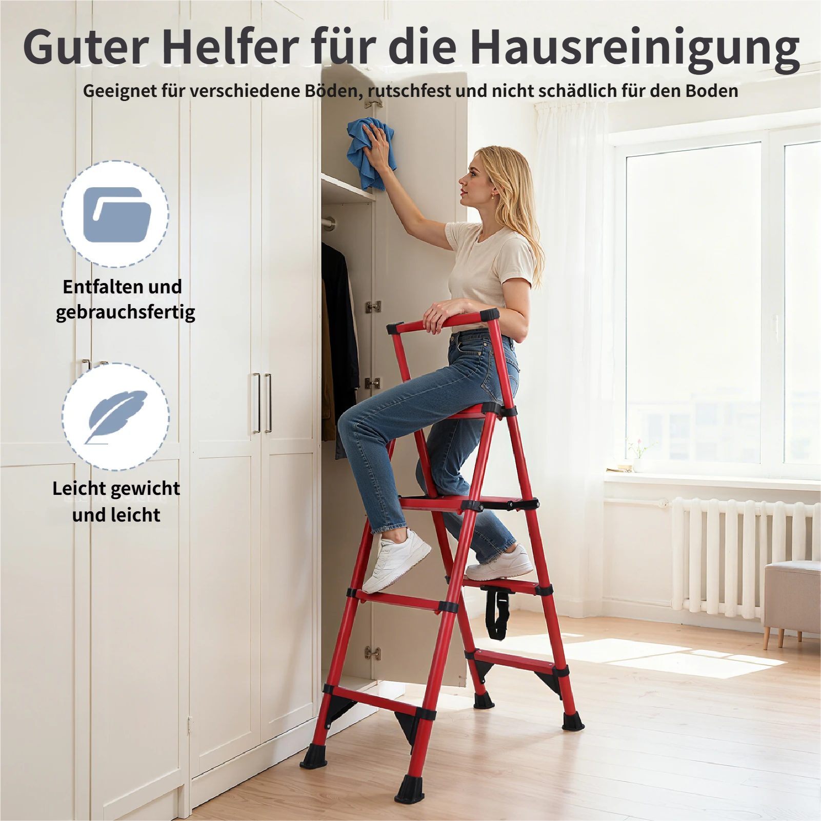 Rutaqian Vielzweckleiter Stehleiter Solidy Haushaltsleiter 4 Stufen Aluminium Klappleiter (Set, 1-St), Handlauf Arbeitsleiter mit Luftgepolsterte,rutschfeste Füße,Bis 150kg