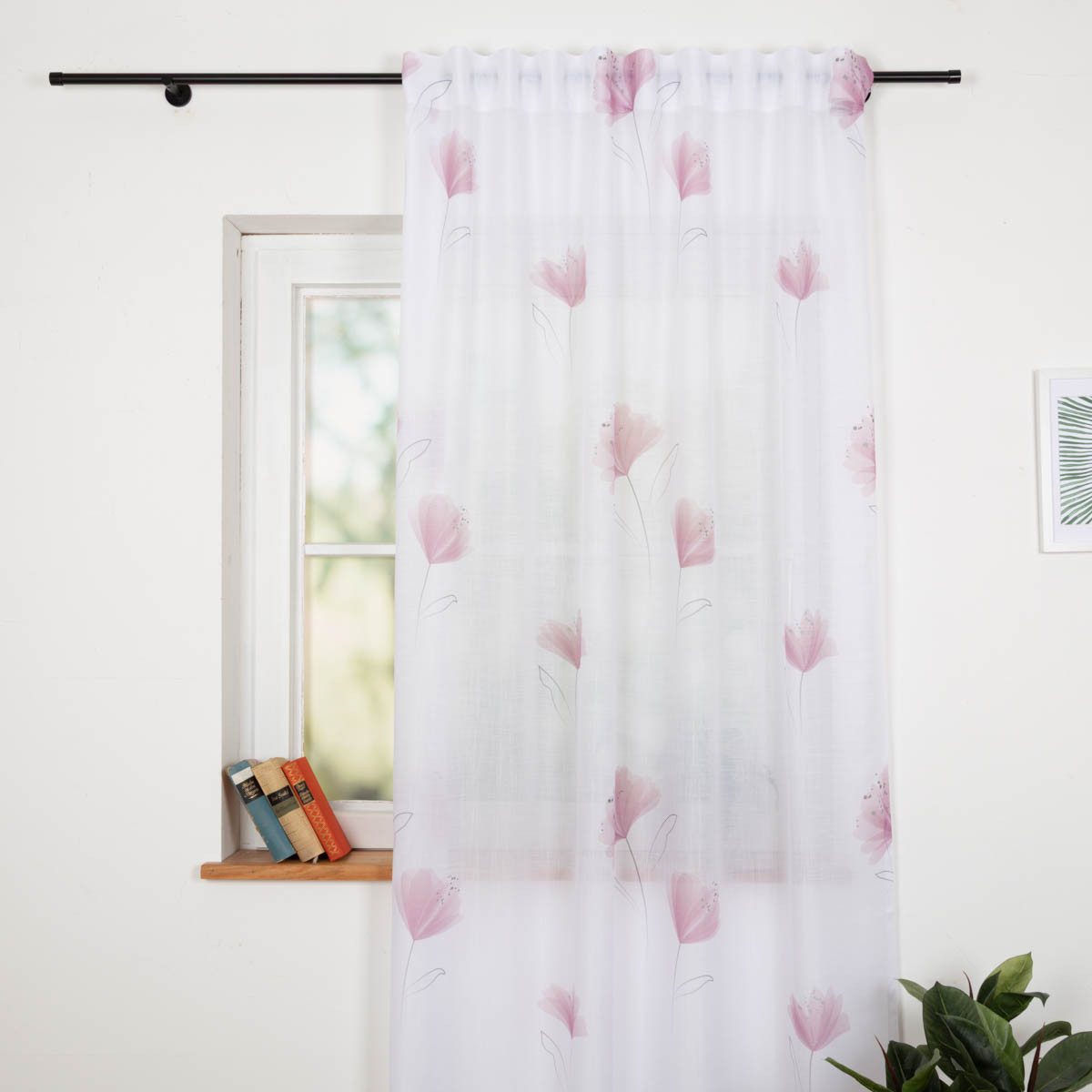 SCHÖNER LEBEN. Vorhang Transparente Gardine Blumen in Mauve auf wollweißem Grund. Feine, Smokband, leicht perforiert, Kunstfaser, made in Germany,handmade,pflegeleicht