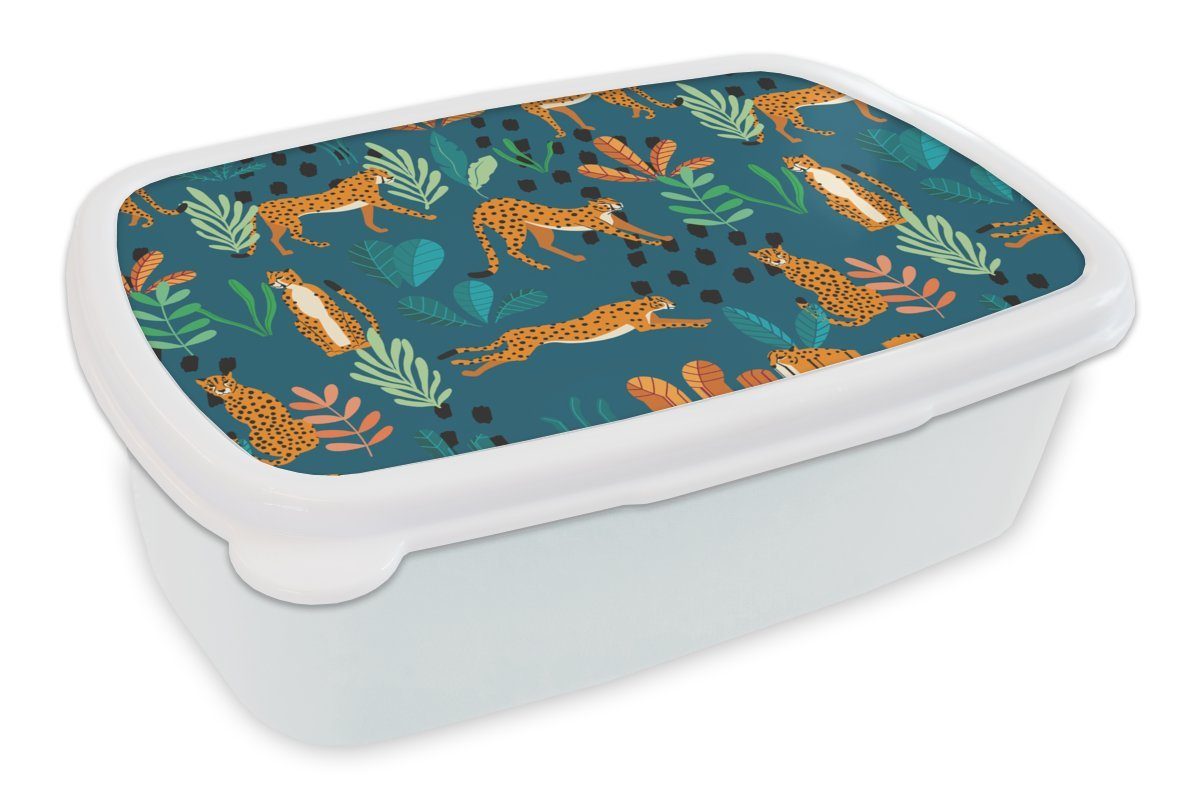 MuchoWow Lunchbox Muster - Tiger - Pflanzen, Kunststoff, (2-tlg), Brotbox für Kinder und Erwachsene, Brotdose, für Jungs und Mädchen weiß