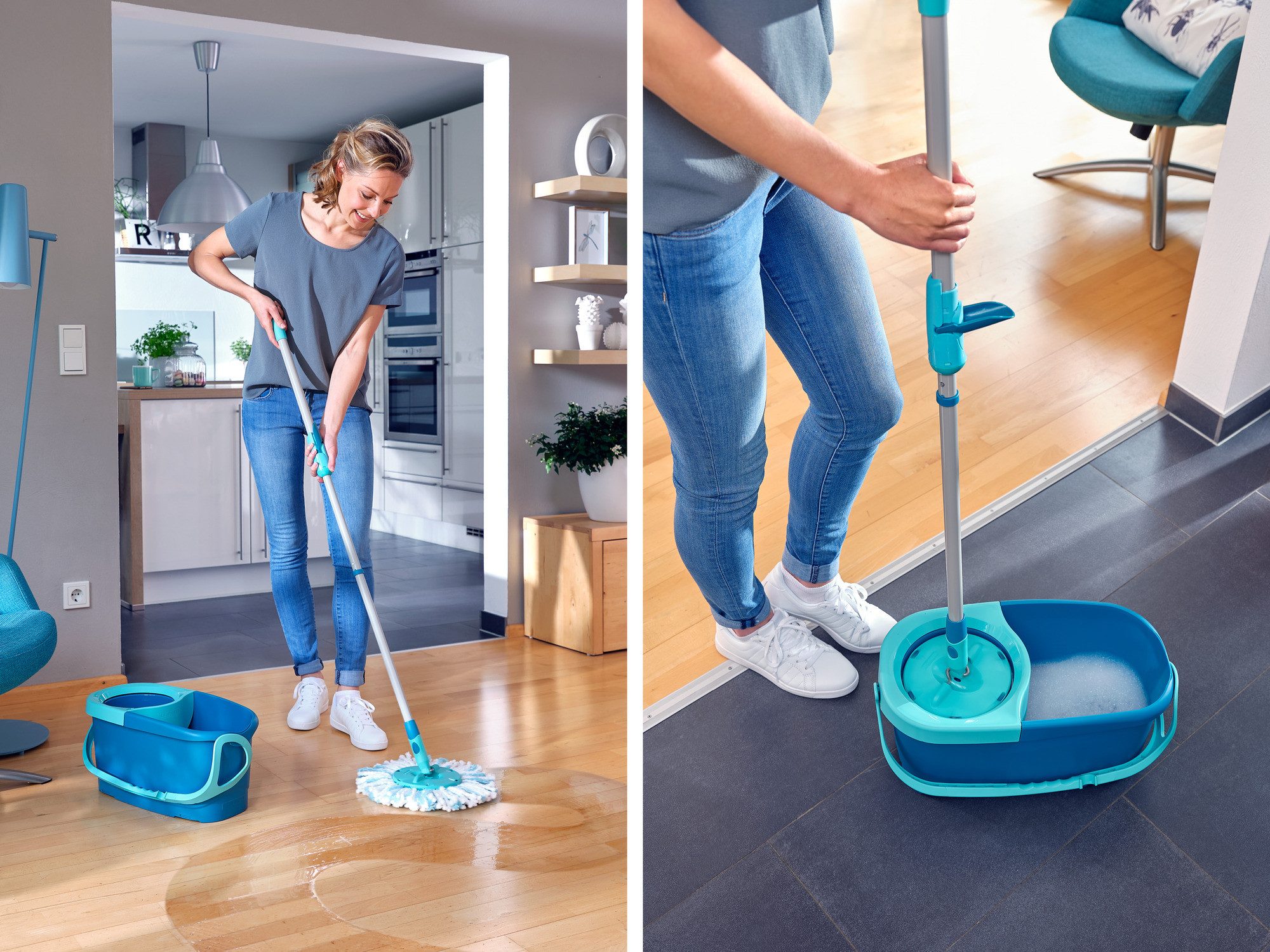 Leifheit Bodenwischer-Set Set CLEAN TWIST Disc Mop Ergo, (4-St), Drill-Stiel-Mechanik, 360° Kardangelenk, längenverstellbar (109-140cm) – Bild 4 von 5