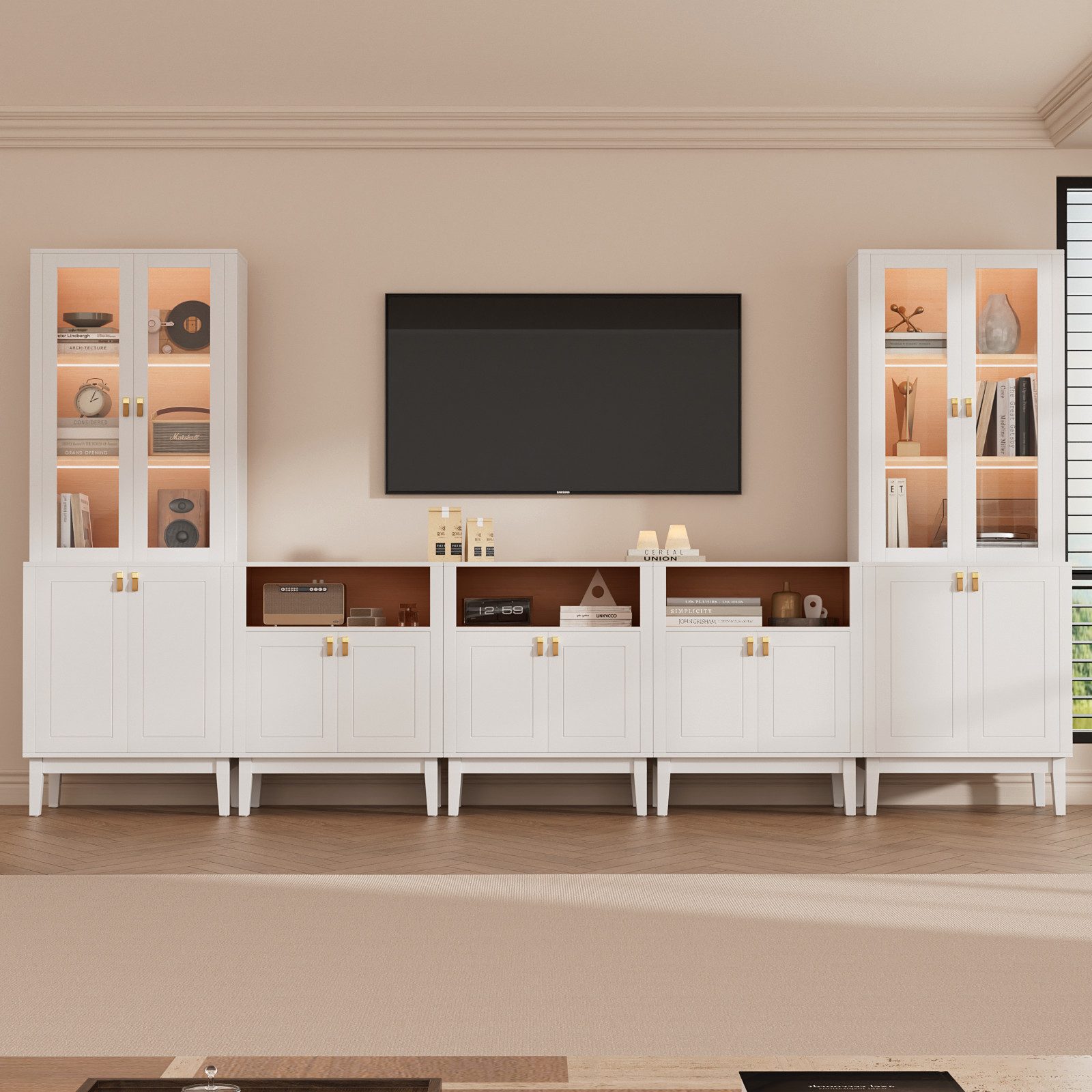 VOWNER TV-Board Set mit Glastüren, LED Fernsehschrank multifunktional (5 St), 5PSC Version: 180cm für TV bis 75 Zoll, Maße 300 x 180 x 40 cm
