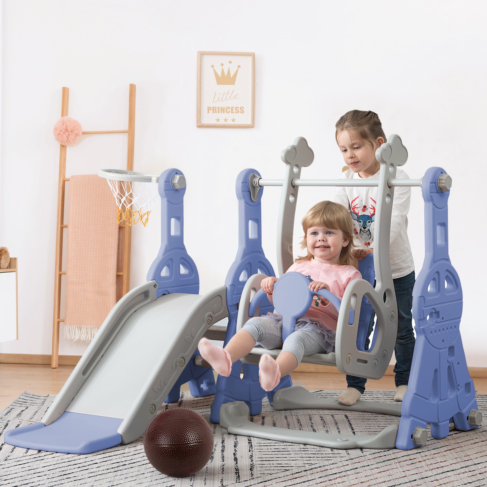 Ulife Indoor-Rutsche 4 in 1 Rutsche Kinderrutsche Fun-Slide Schaukel mit Basketballkorb, für In- und Outdoor Blau