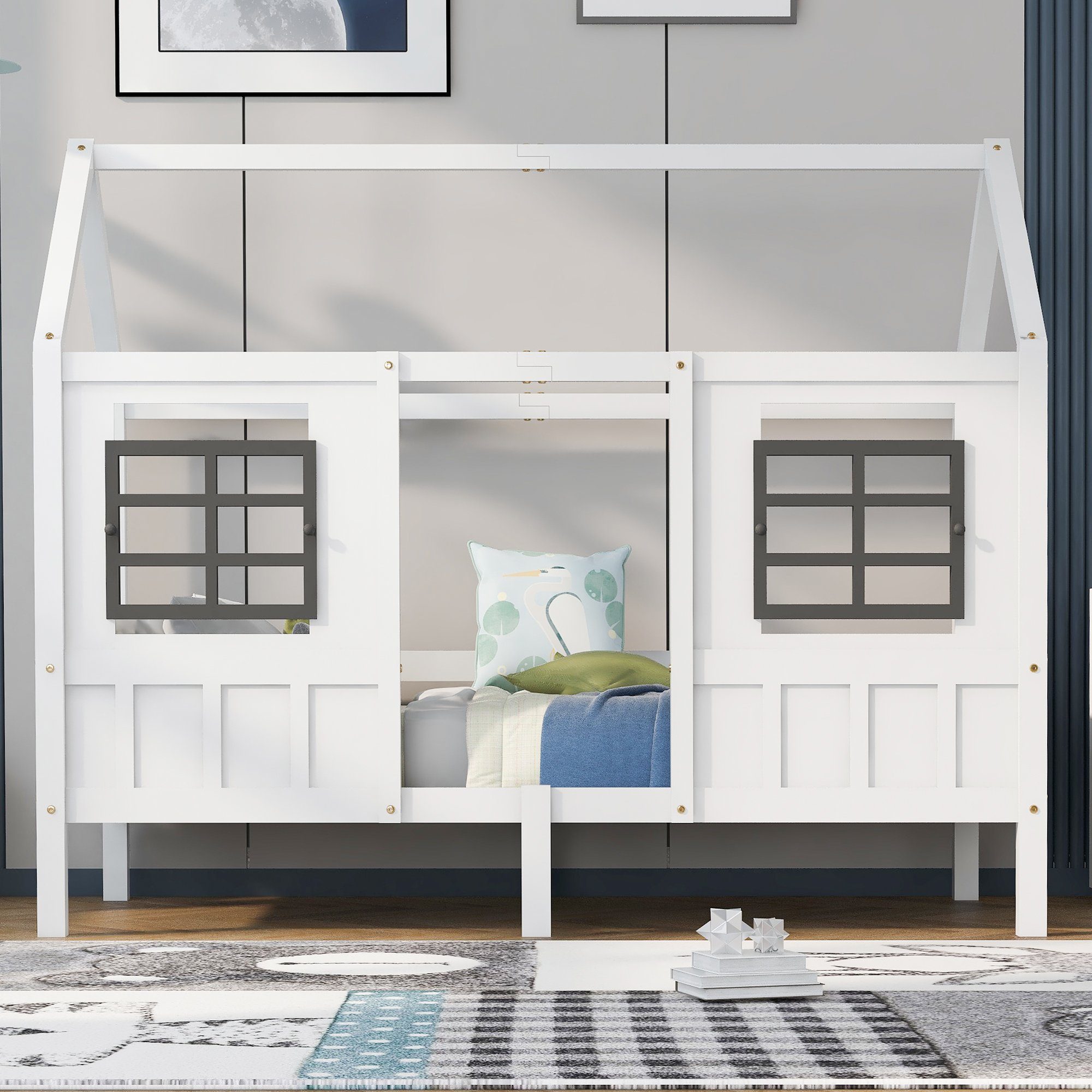 Kiefer Einzelbett ohne 200x90cm weiß Kinderbett Flieks Hausbett, Matratze