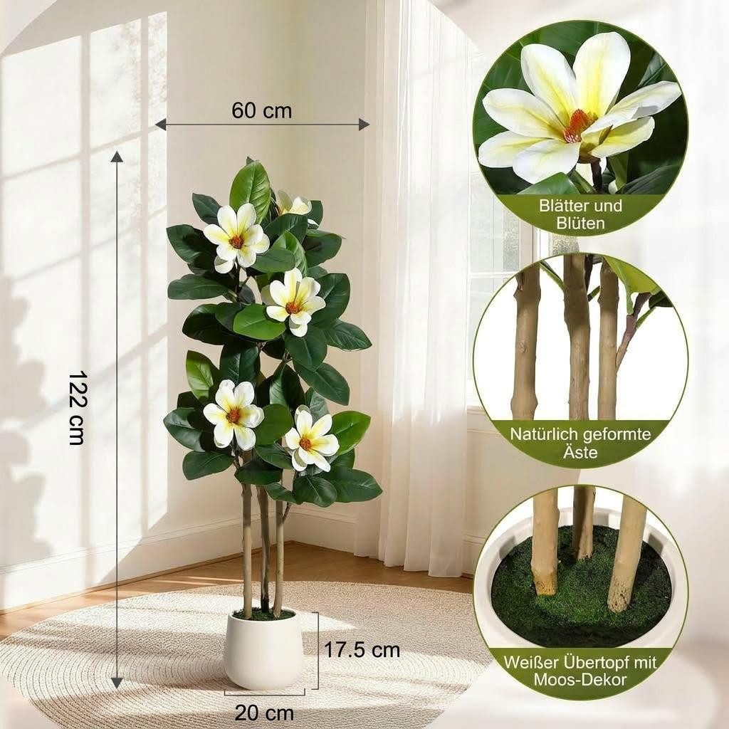 Kunstbaum Künstlicher Magnolienbaum Kunstpflanzen Künstlicher Baum 122/152/182cm, GarveeMore, Höhe 122 cm