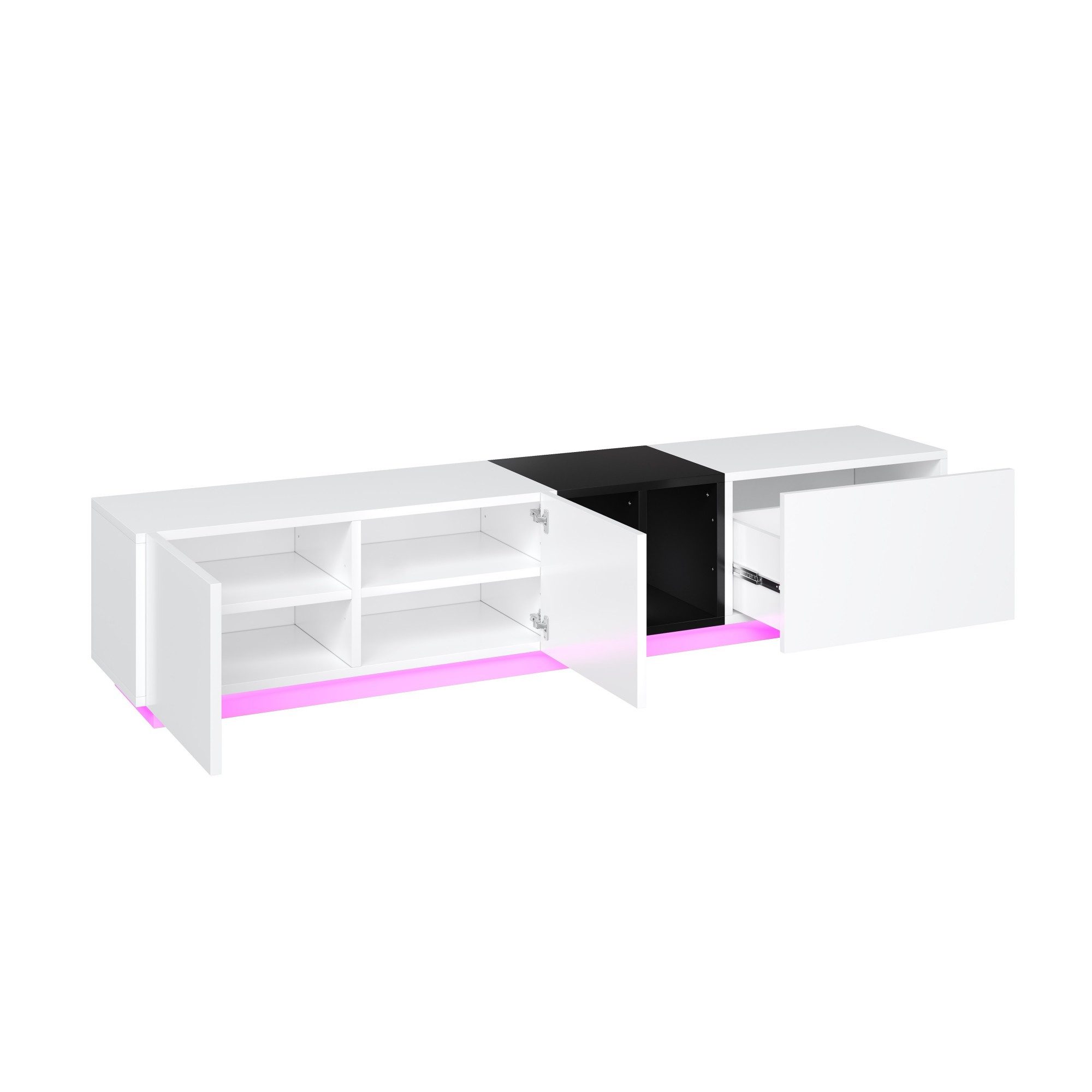 LVHOM TV-Schrank 190 cm, TV-Lowboard, LED-Beleuchtung, unterteilter Stauraum (Eine Schublade (Soft-Close-Funktion) + zwei offene Staufächer, + vier geschlossene Staufächer (höhenverstellbar), Holzrahmen + quadratischer Sockel, Tragkraft 50 kg, leicht zu reinigen, modernes schwarz-weißes Farbschema, geeignet für verschiedene Wohnzimmerstile) geeignet für verschiedene Wohnungsstile