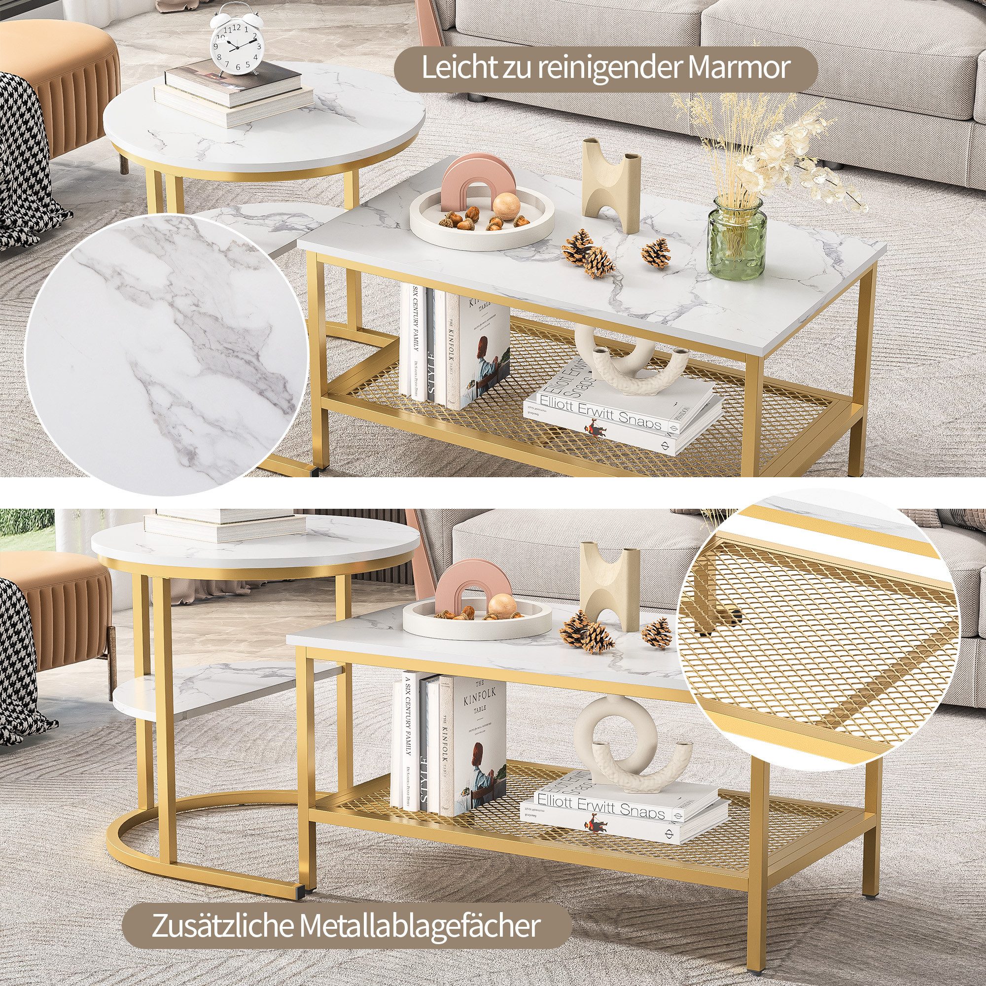 FUROKOY Couchtisch Beistelltisch Sofatisch wohnzimmertisch kaffeetisch 2er set (Runder und quadratischer Tisch, gold), Modern design Couchtisch,Marmoroptik – Bild 4 von 5