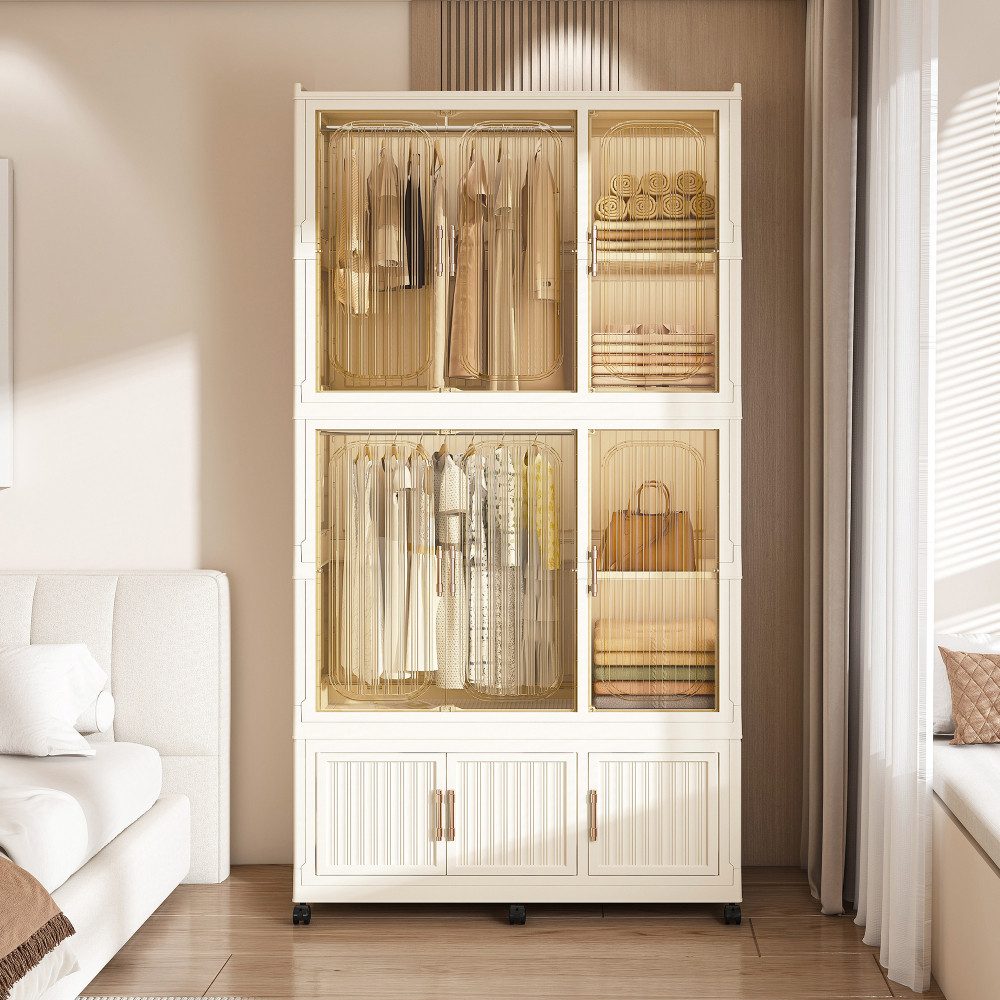 BBWL Kleiderschrank mit 9 Magnettüren, 2 Kleiderstangen, 6 Rollen und 6 Kleiderbügeln Faltbarer modularer Kleiderschrank aus PP-Kunststoff