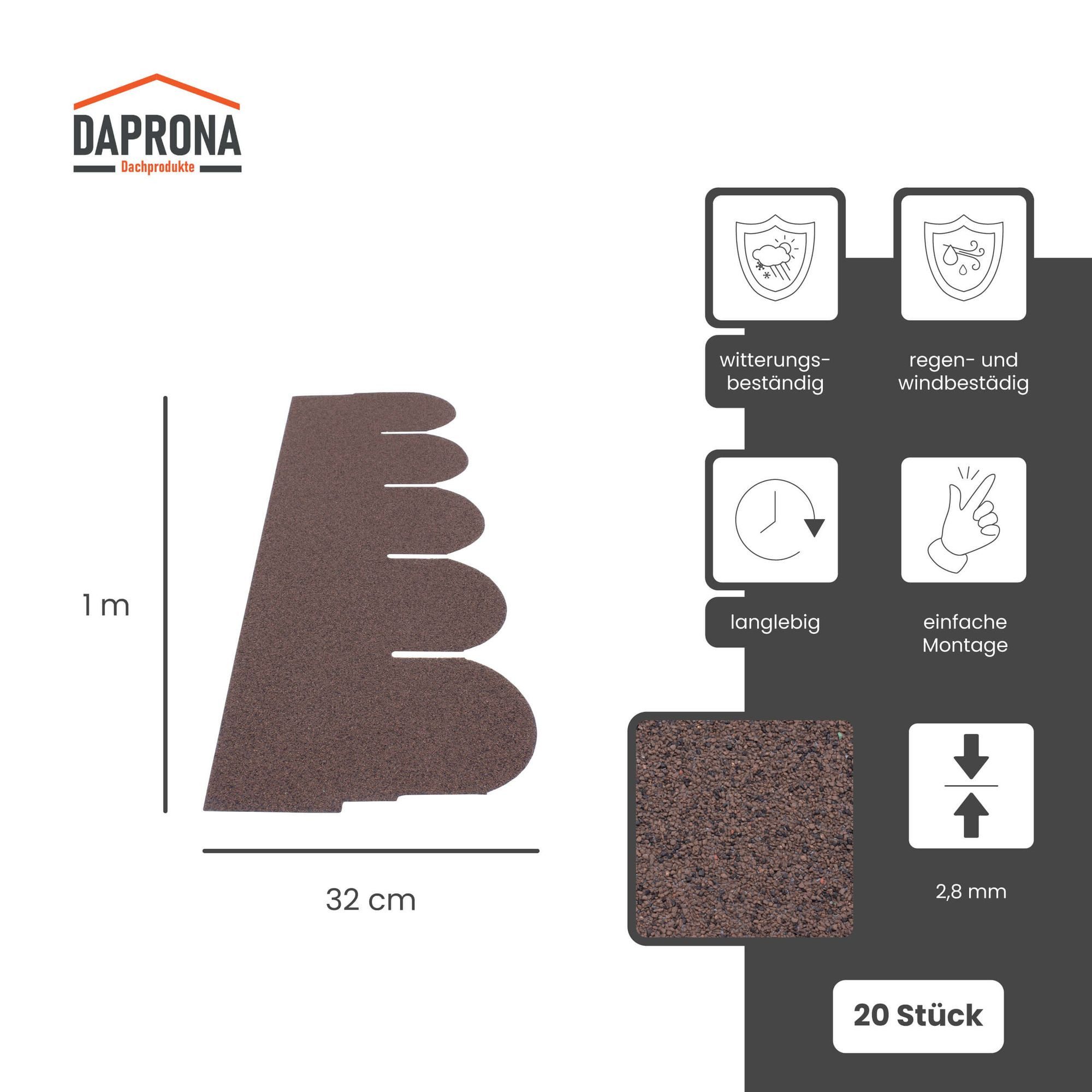 DAPRONA Dachschindeln Biberschwanz Dachschindeln, Rund 1m x 32cm, Braun, (20-St), Bitumenschindeln für Gartenhaus, Carport