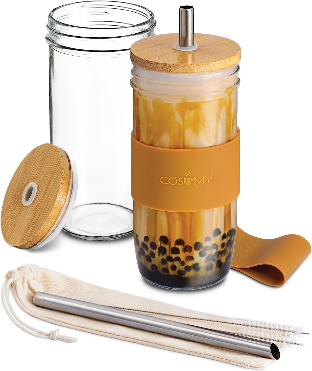 Cosumy Gläser-Set 2 Bubble Tea Becher mit Strohhalm und Bambusdeckel, Glas, 2er Set Glasbecher - 720ml - Wiederverwendbar - Spülmaschinenfest