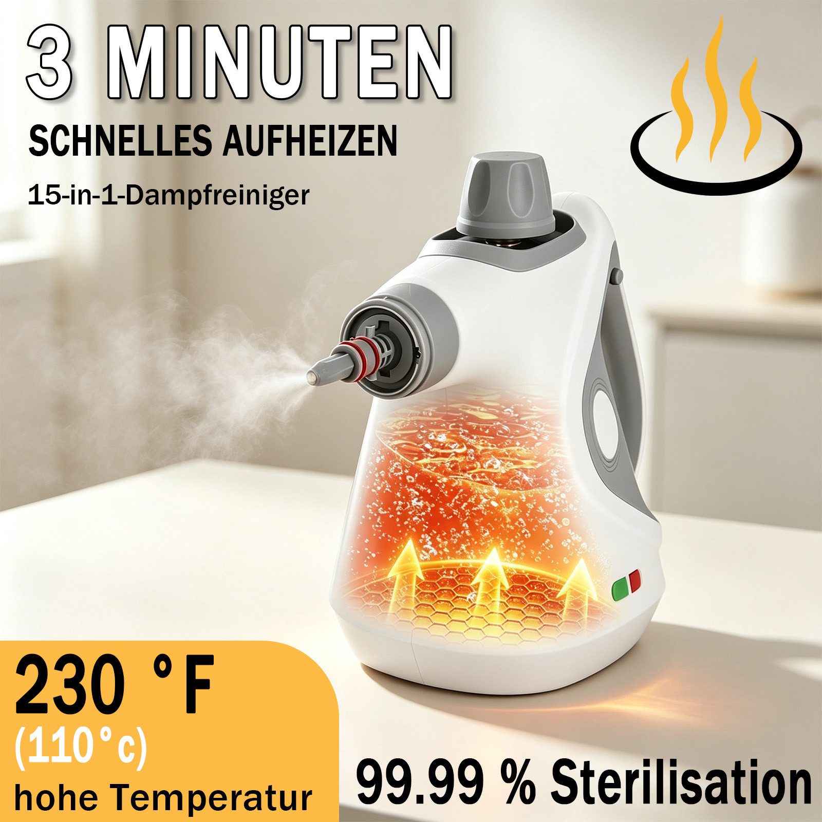 AKKEE Handdampfreiniger Dampfreiniger mit 15-Teiligem Zubehör tragbarer Küchenreiniger, 1050 W, für Zuhause für Haushalt, Küche, Bad, Fenster, Polster & Auto