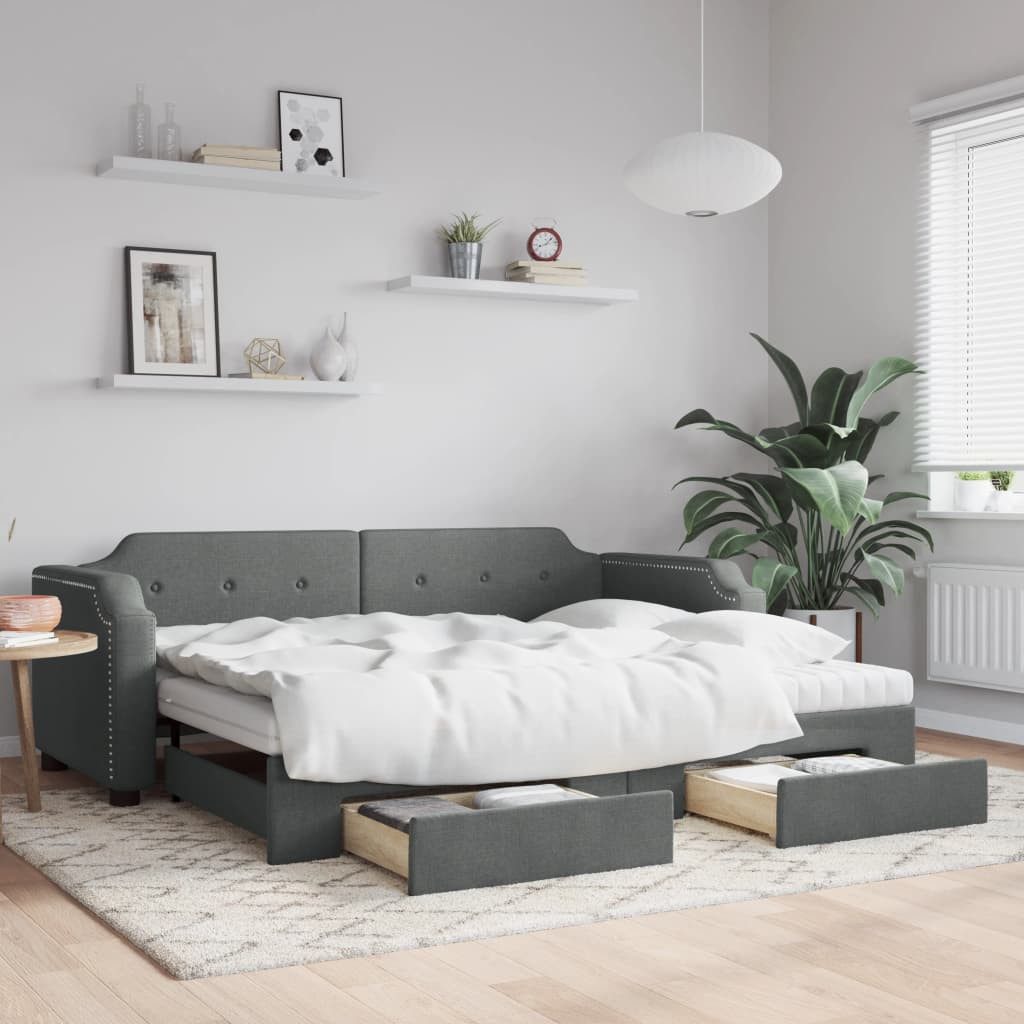 vidaXL Daybed, Tagesbett Ausziehbar mit Schubladen Dunkelgrau 90x190 cm Stoff