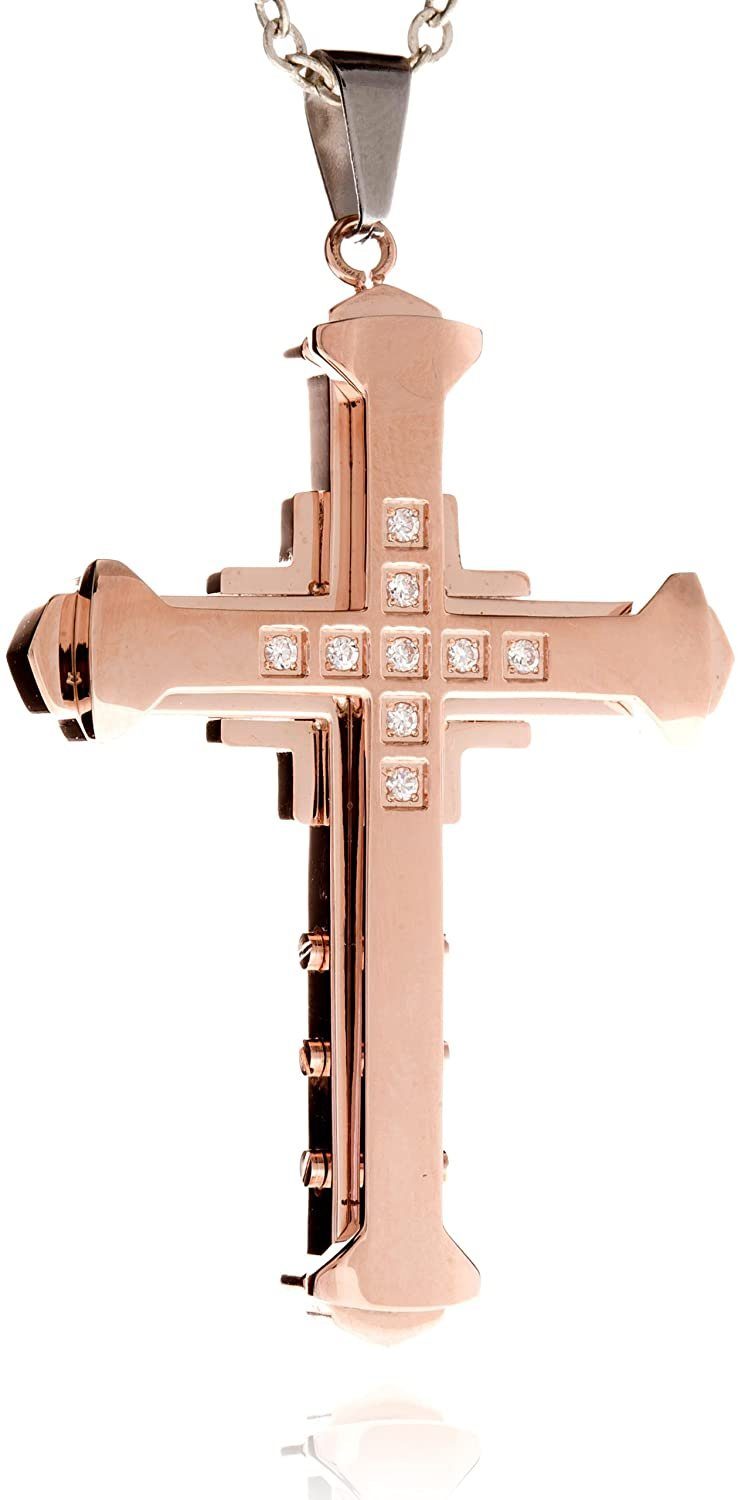 Kette mit Anhänger Edelstahl Anhänger Kreuz Massiv Rose Gold mit Zirkonia