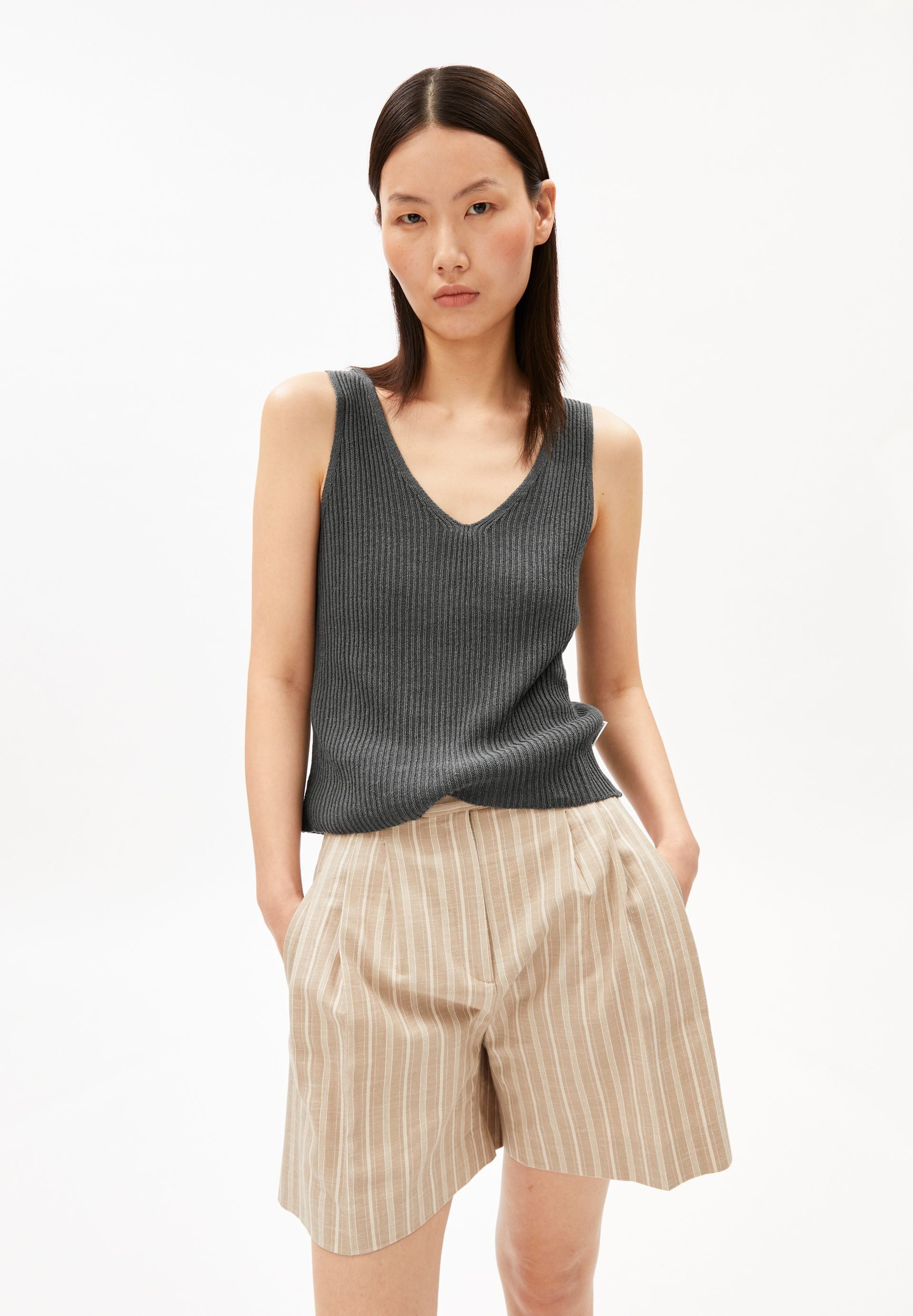 Armedangels Shirttop LINEN BLEND Stricktop aus Leinen-Mix (Slim Fit) V-Ausschnitt