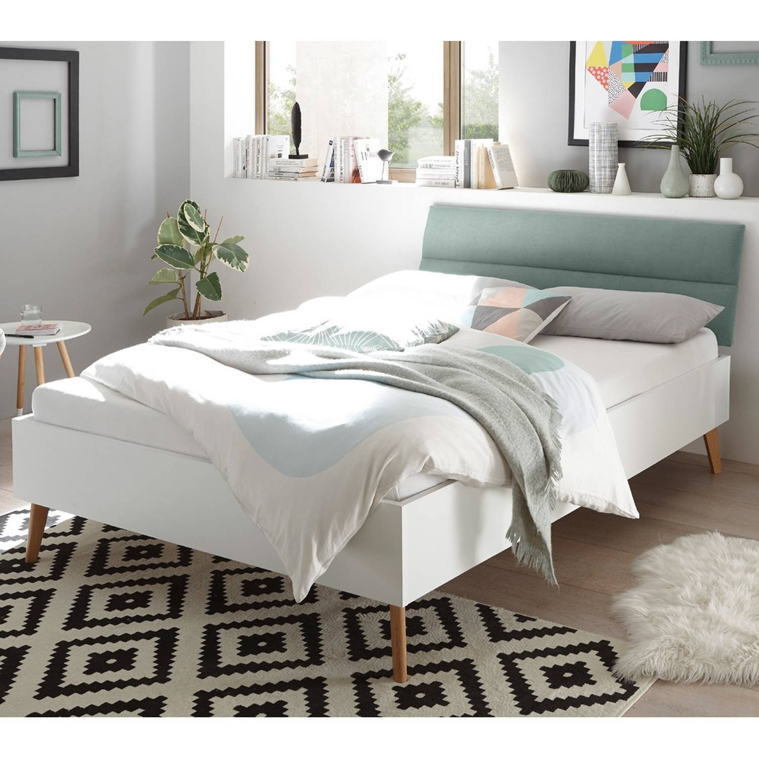 Lomadox Bett »MAINZ-61«, Doppelbett im skandinavischen Stil, weiß matt/mint  grün mit Füßen aus Natureiche Massivholz B/H/T ca. 145x44x210 cm online  kaufen | OTTO