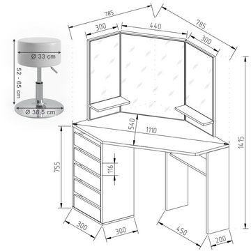 Vicco Schminktisch Arielle, Weiß/Sonoma, 110 cm mit Hocker