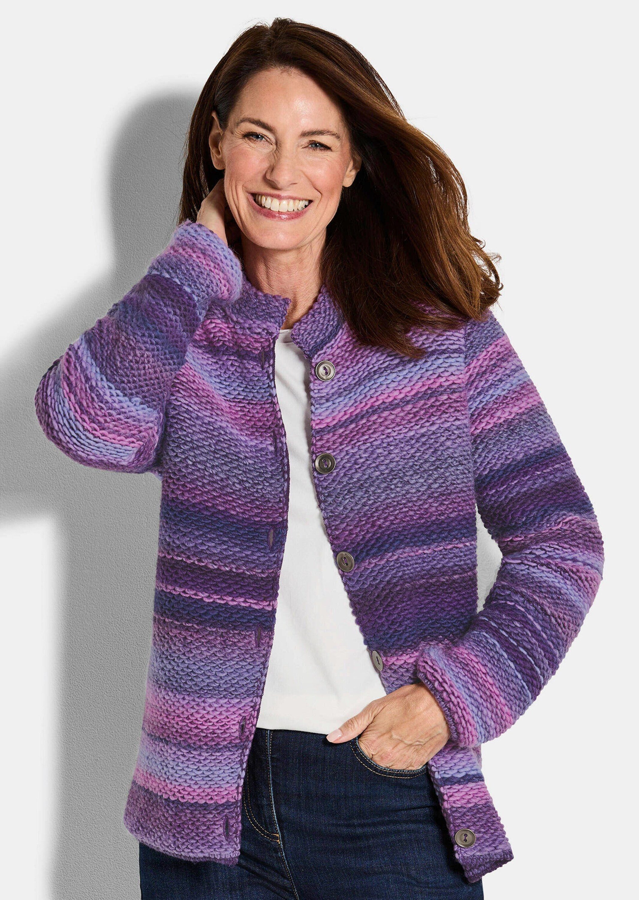 GOLDNER Strickjacke Multicolor Woll-Jacke mit Stehkragen Hüftlanger Schurwoll-Cardigan, Stehkragen, Knopfverschluss