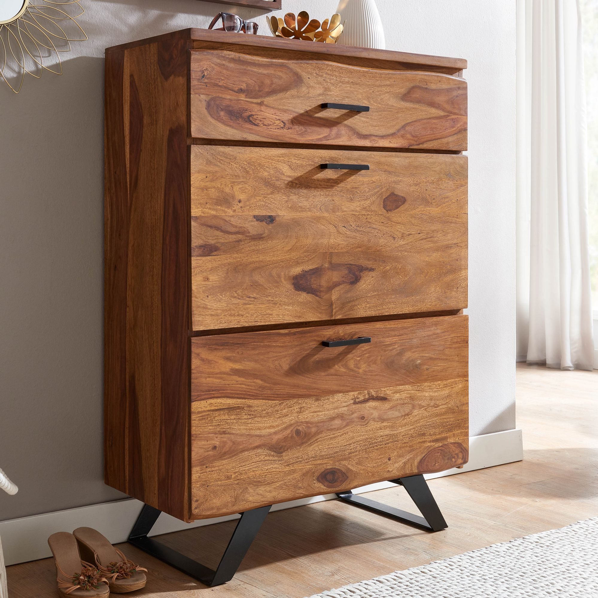 furnicato Kommode Massivholz, Walnuss Finish 80x120x41,5 cm Braun (1 St), Handgefertigtes Highboard mit 3 Schubladen und viel Stauraum