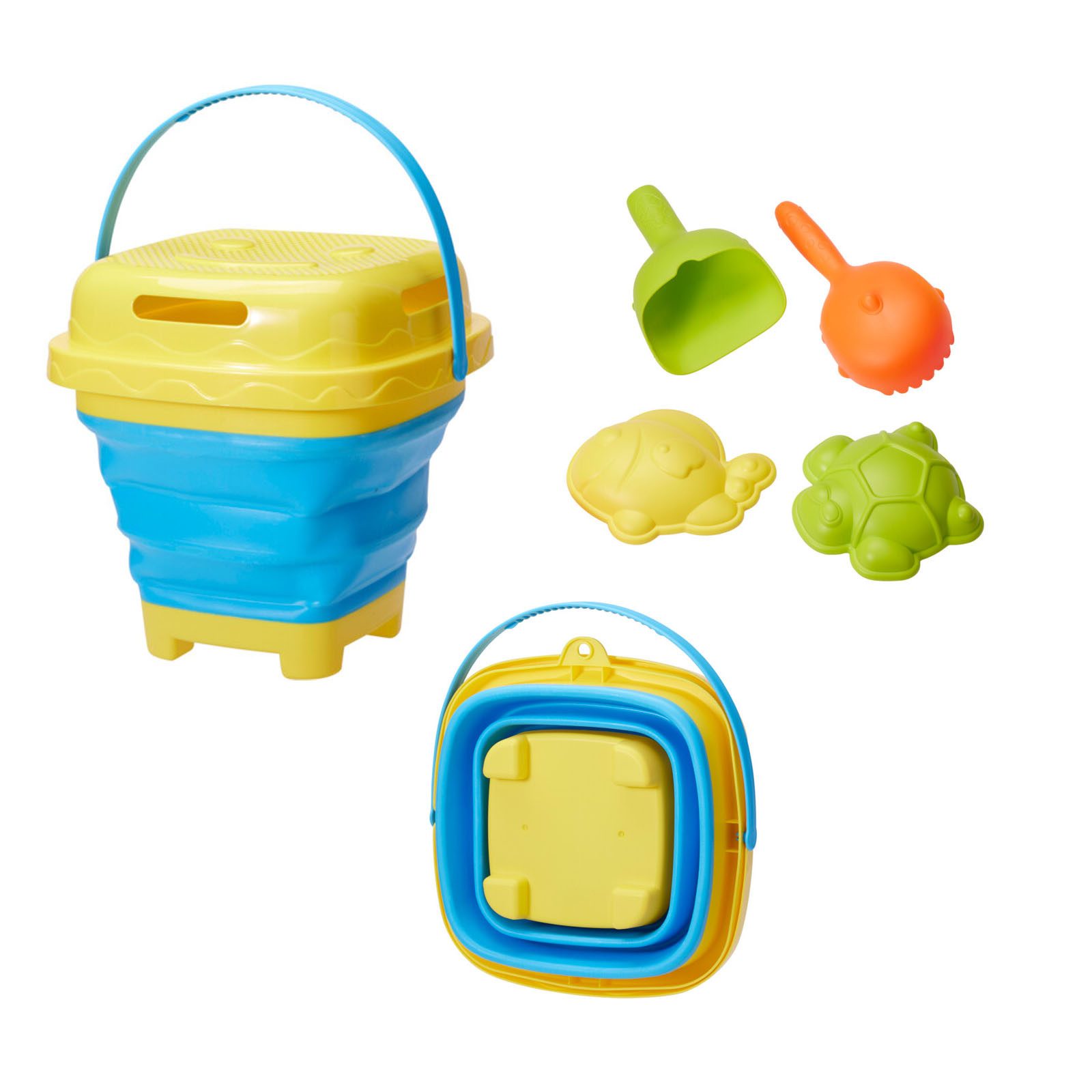 HAC24 Sandform-Set 6-tlg. Strandspielzeug-Set für Kinder Sandspielzeug, (Set, 6-tlg), Faltbarer Eimer 1,5l mit Schaufel, Harke, Sieb & 2 Sandformen