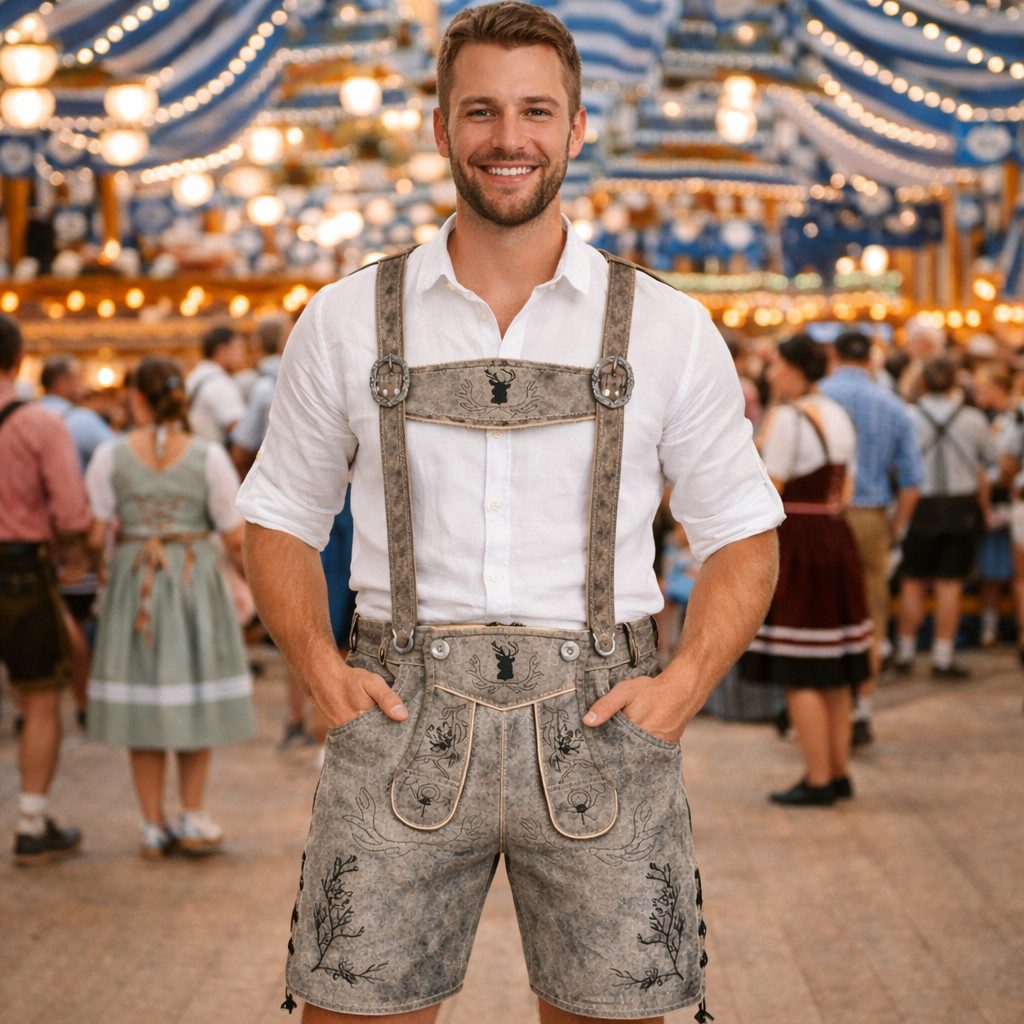 PAULGOS Trachtenhose Herren Lederhose Kurz mit Trägern 100% Echtleder - HK3 ANTIK