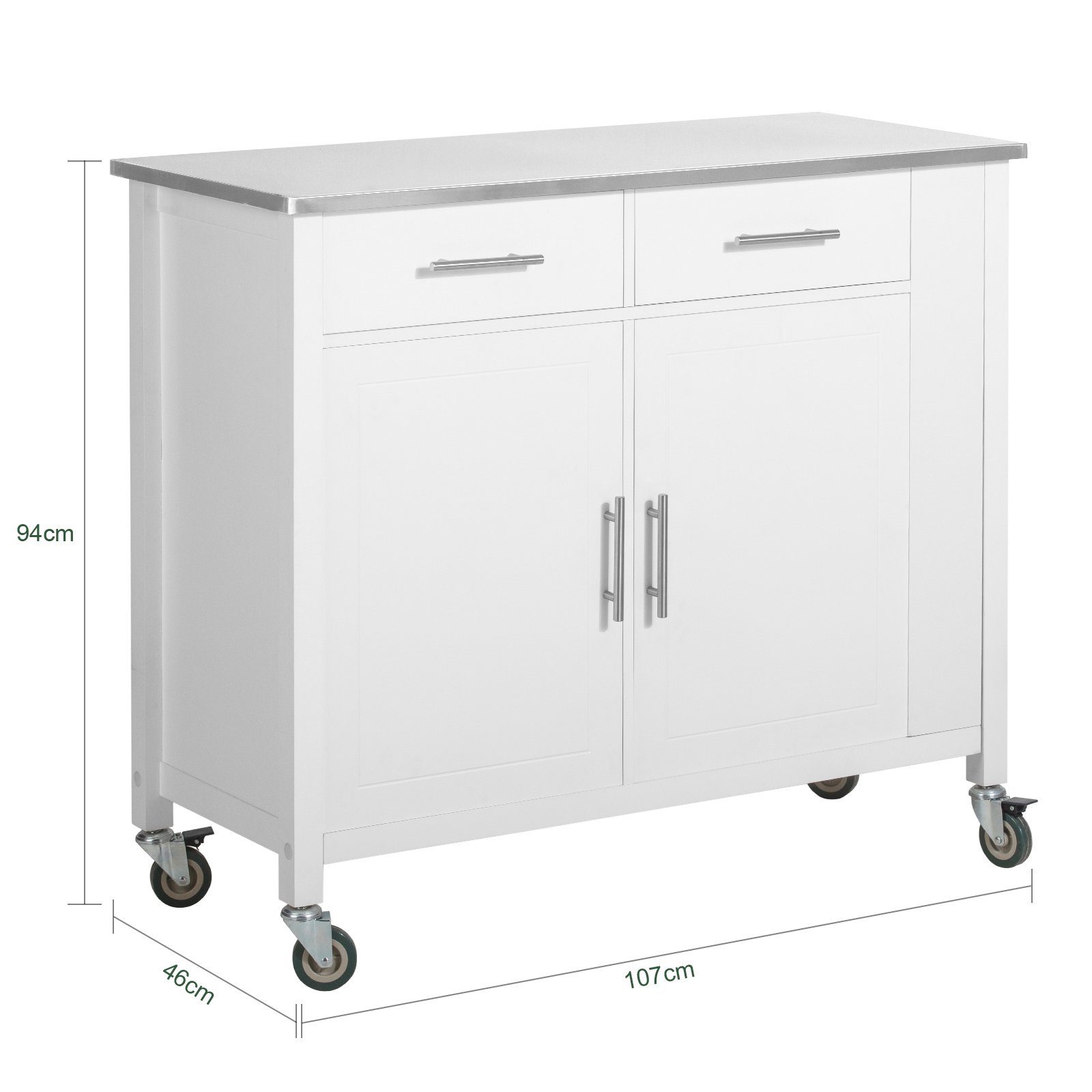 SoBuy Küchenwagen Edelstahlplatte weiß Kücheninsel FKW108, Seitenregal mit mit Küchenschrank