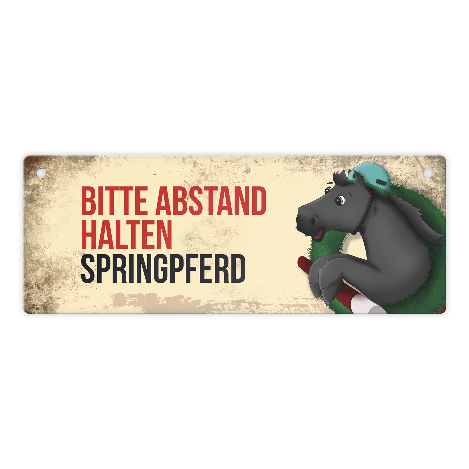 Metallschild Metallschild mit schwarzem Springpferd Motiv und Spruch: Bitte halten