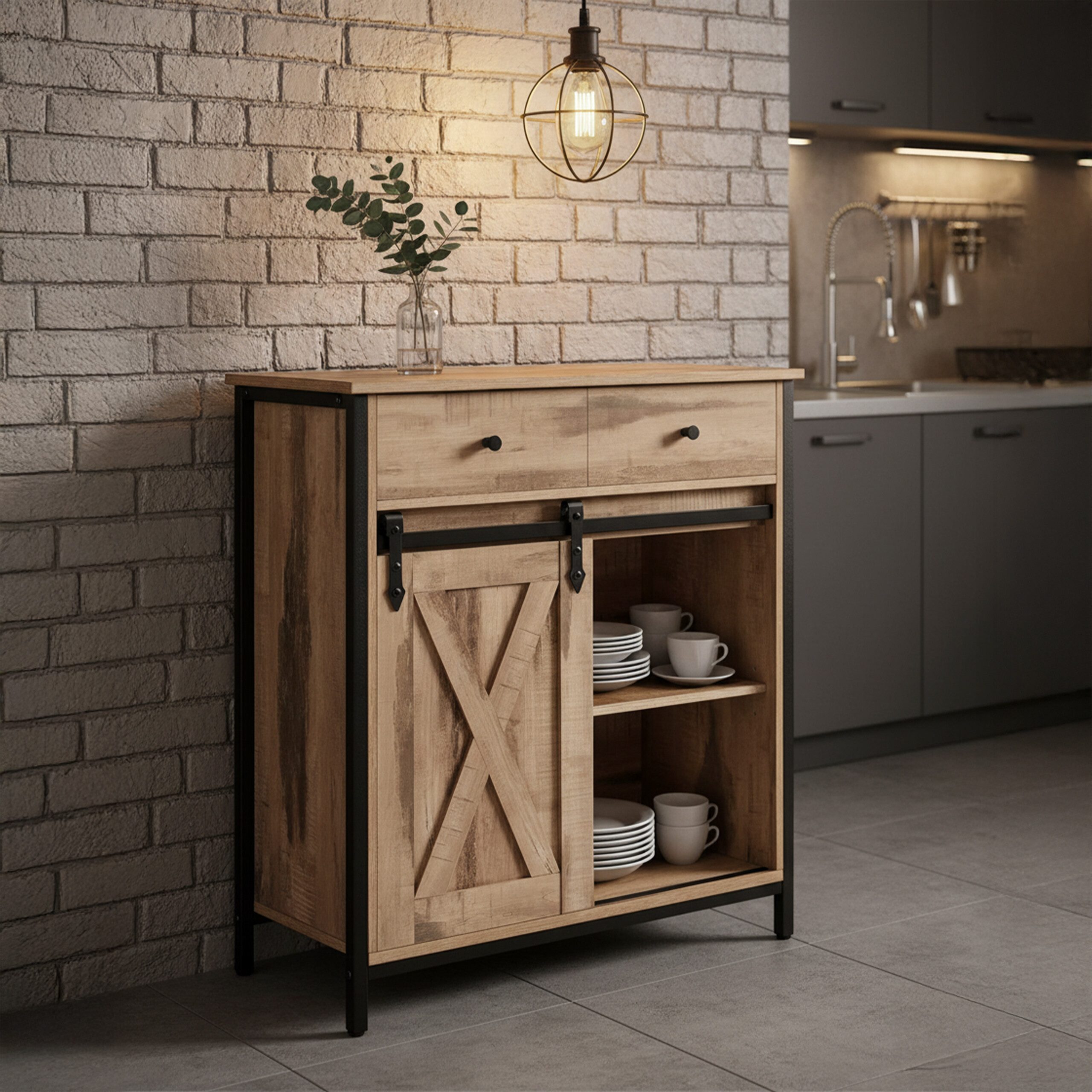 relaxdays Küchenbuffet Sideboard mit Schiebetür hellbraun günstig online kaufen