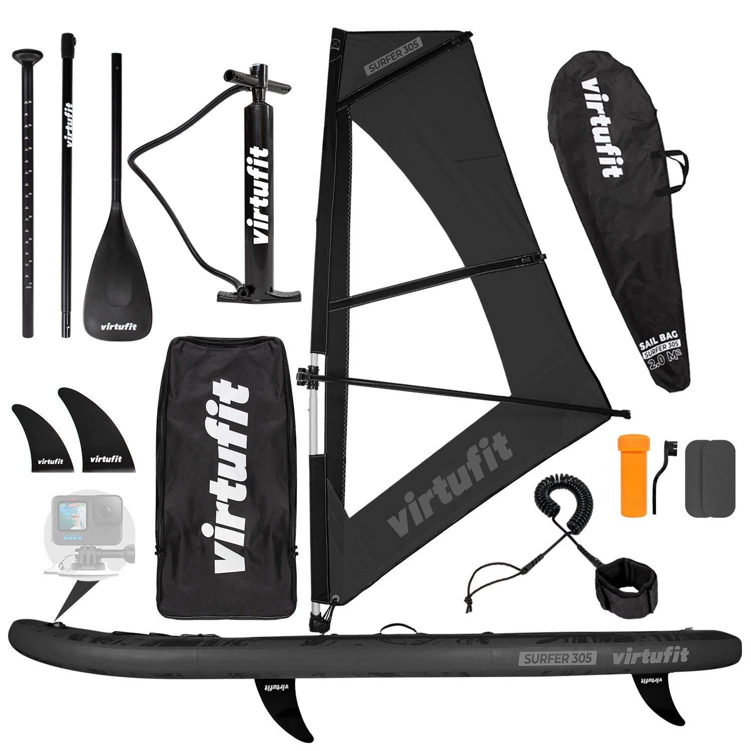 VirtuFit Inflatable SUP-Board VirtuFit Surfer 305 SUP-Board Schwarz inkl. Windsurf-Set