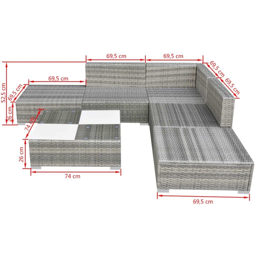 vidaXL Gartenlounge-Set 6-tlg. Poly mit Rattan Auflagen Grau, (6-tlg) Garten-Lounge-Set