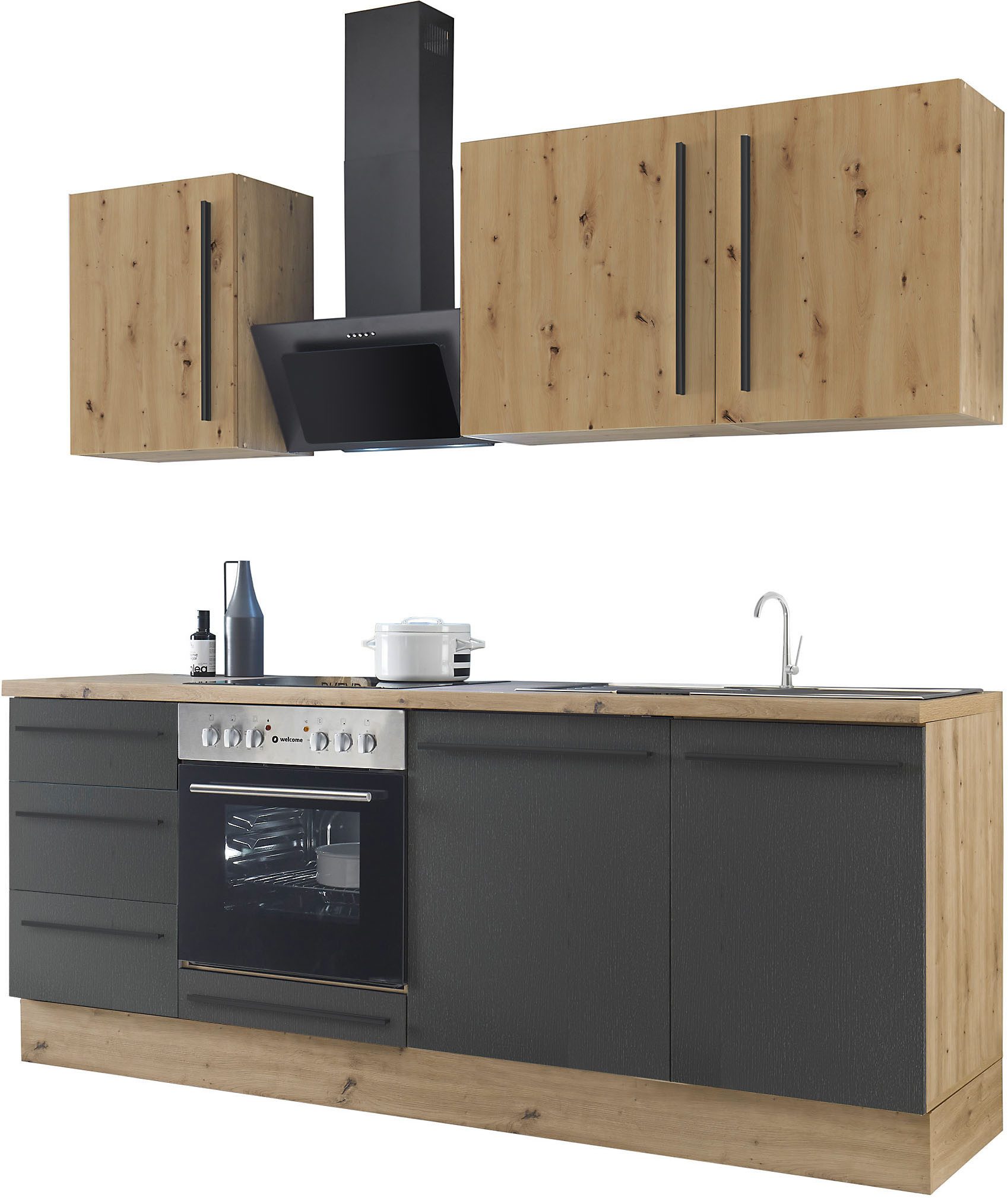 KOCHSTATION Küchenzeile KS-Florida mit 38mm starker Arbeitsplatte, Breite 220 cm, wahlweise mit E-Geräten, Soft-Close-Funktion