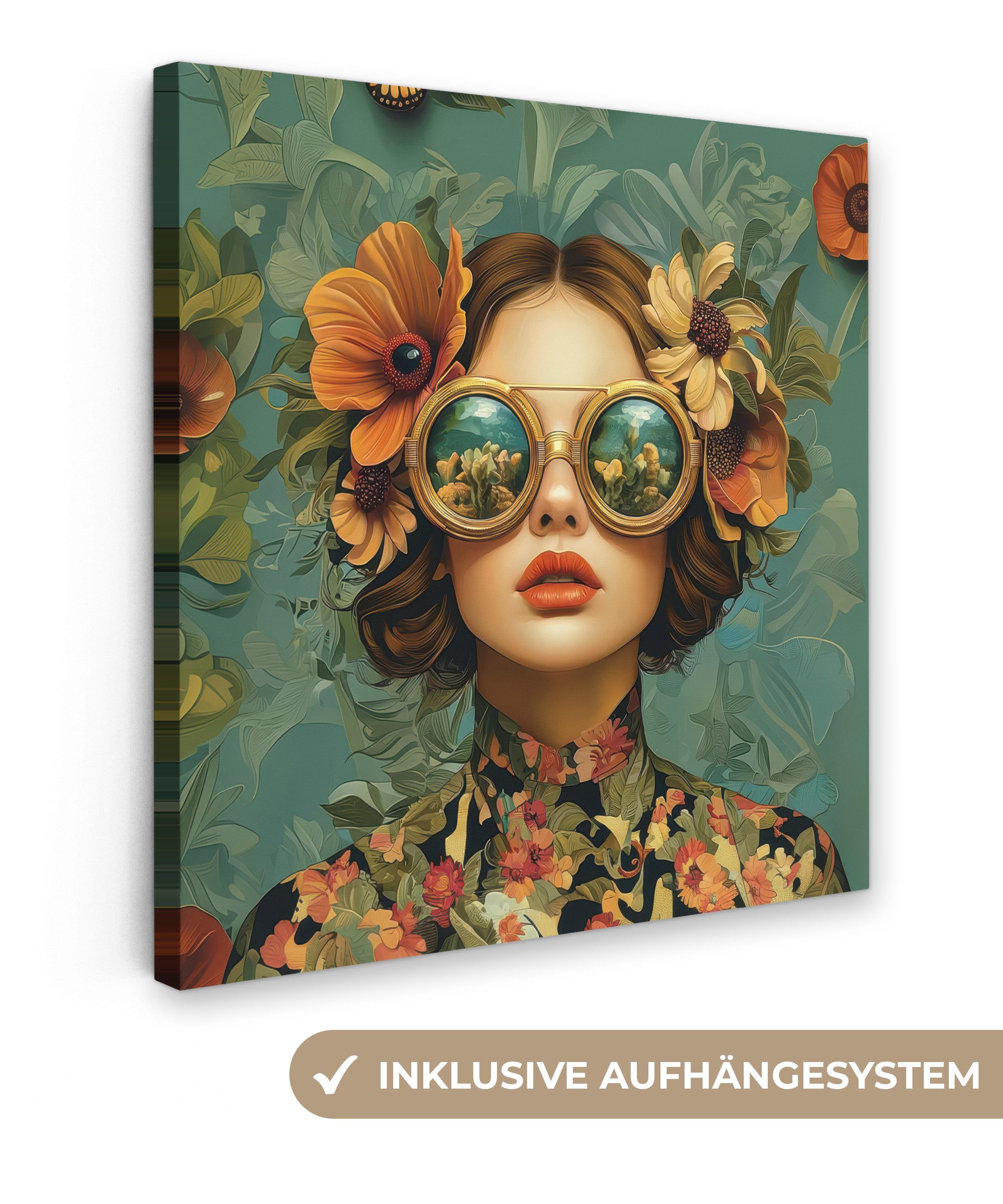 OneMillionCanvasses® Leinwandbild Frau - Blumen - Schmetterlinge - Natur - Vintage, Fotodruck (1 St), Wandbild, Deko Schlafzimmer Wohnzimmer Flur 20x20 cm