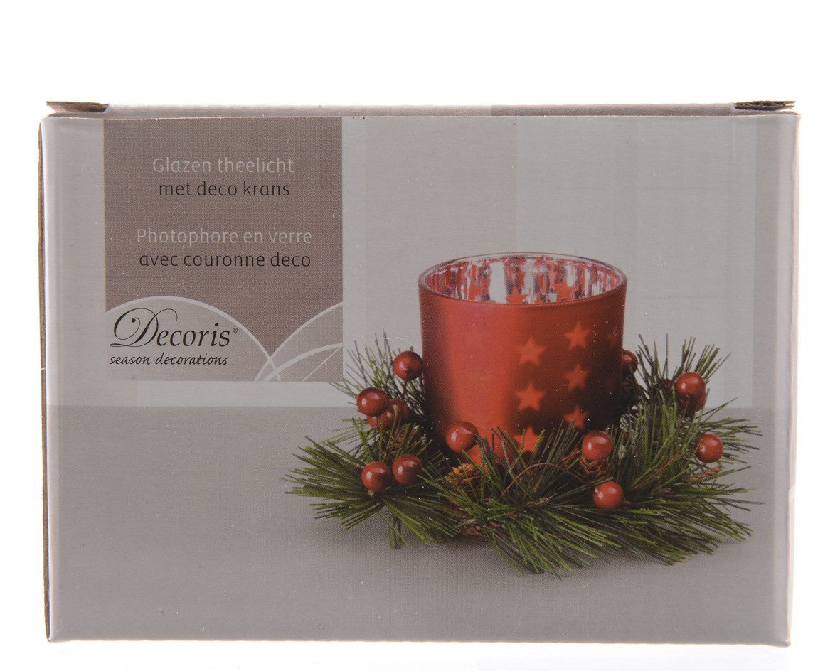 Kaemingk Windlicht, Windlicht Glas mit Adventsgesteck 8cm, rot