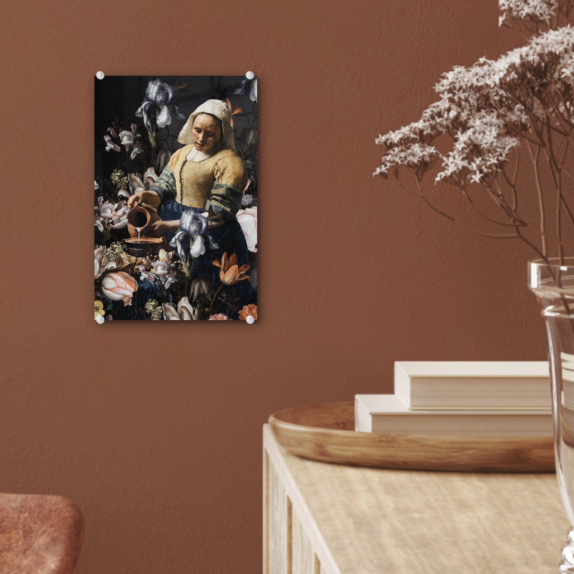 Wanddekoration bunt auf - Acrylglasbild Milchmädchen St), Glas Foto - Glasbilder - - Johannes - Wandbild Bilder MuchoWow (1 Vermeer auf Blau, Glas - Blumen