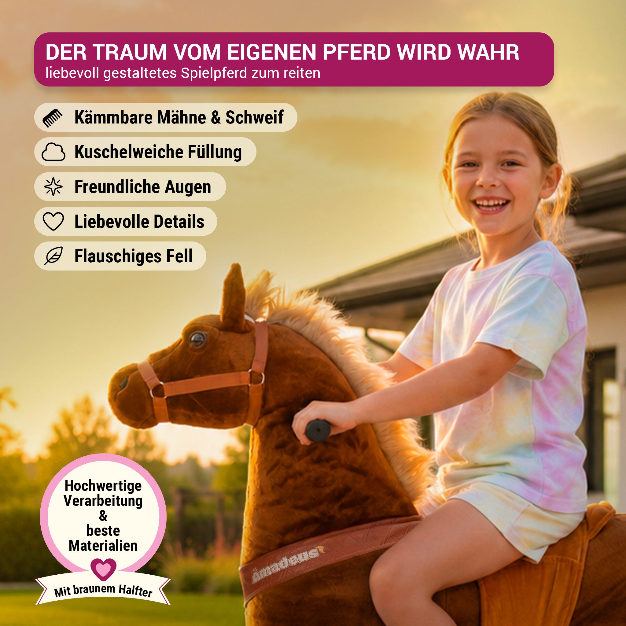 miweba Reitpferd Pony Amadeus Large, Spielpferd, ab 5 Jahren, integrierte Lenkung, Reitpferd, Pony zum reiten, Pferd Spielzeug, Pony, Hüpfpferd